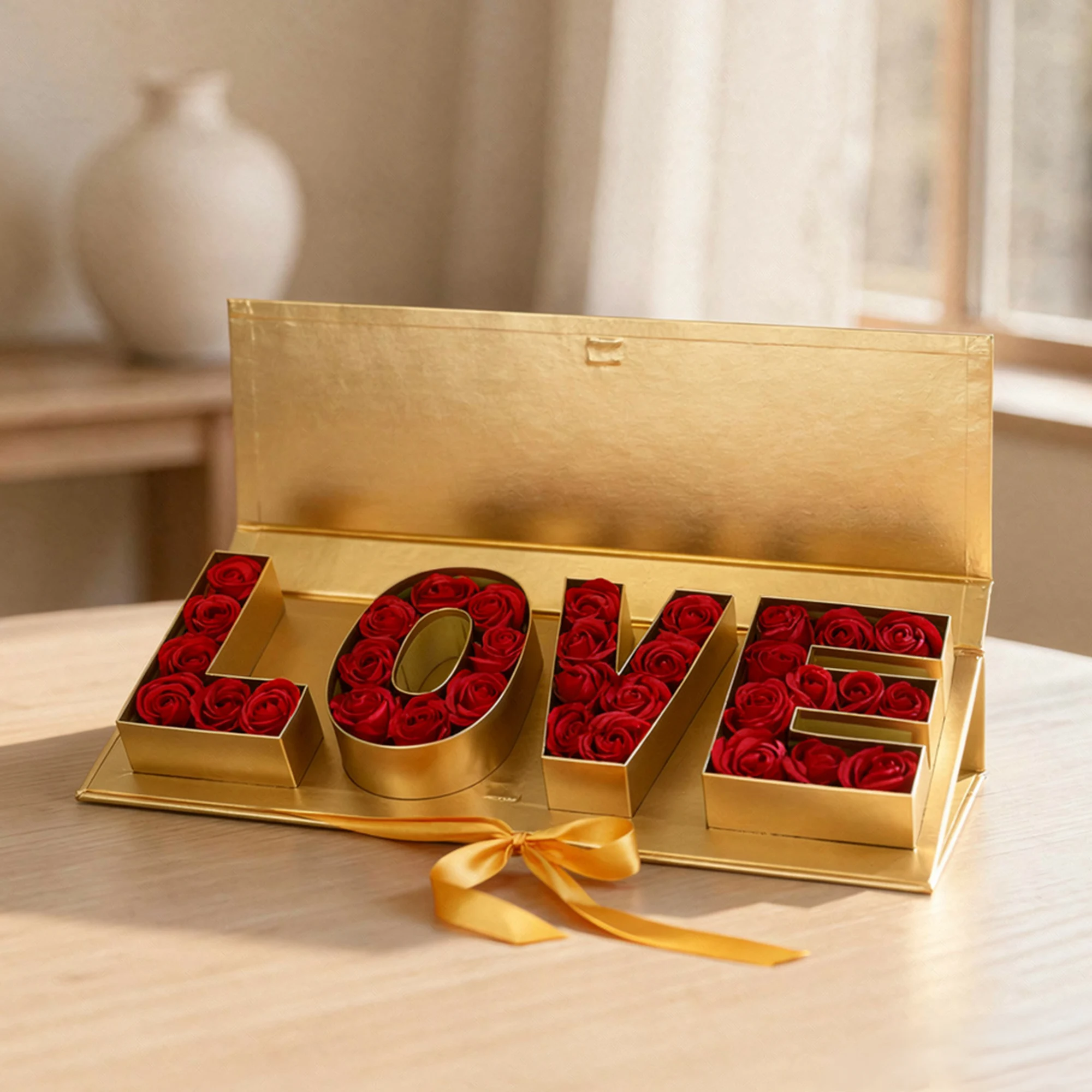 35 red roses in a LOVE shape Box.