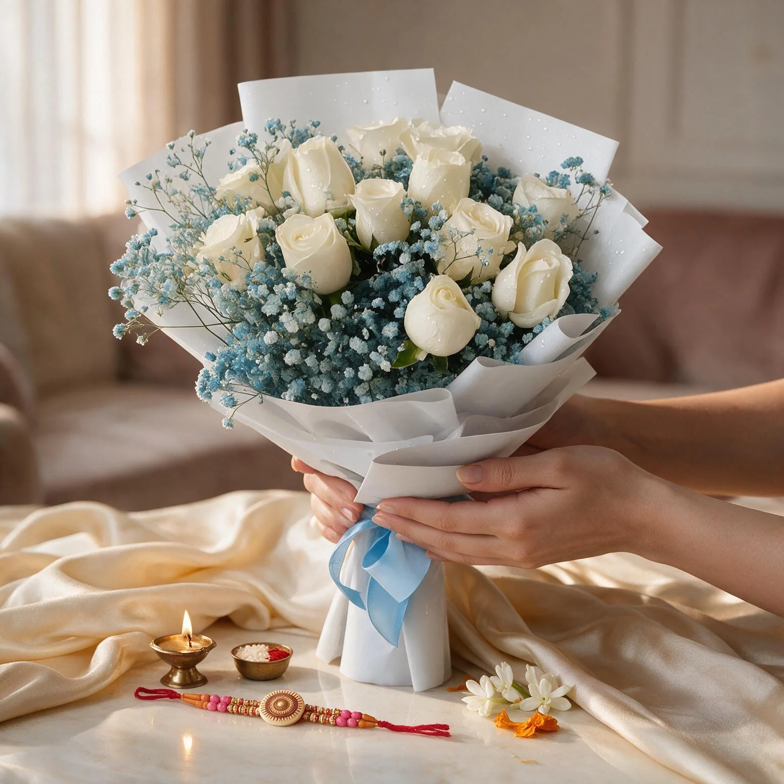 White rose Rakhi bouquet for Raksha Bandhan with blue gypso and blue ribbon.