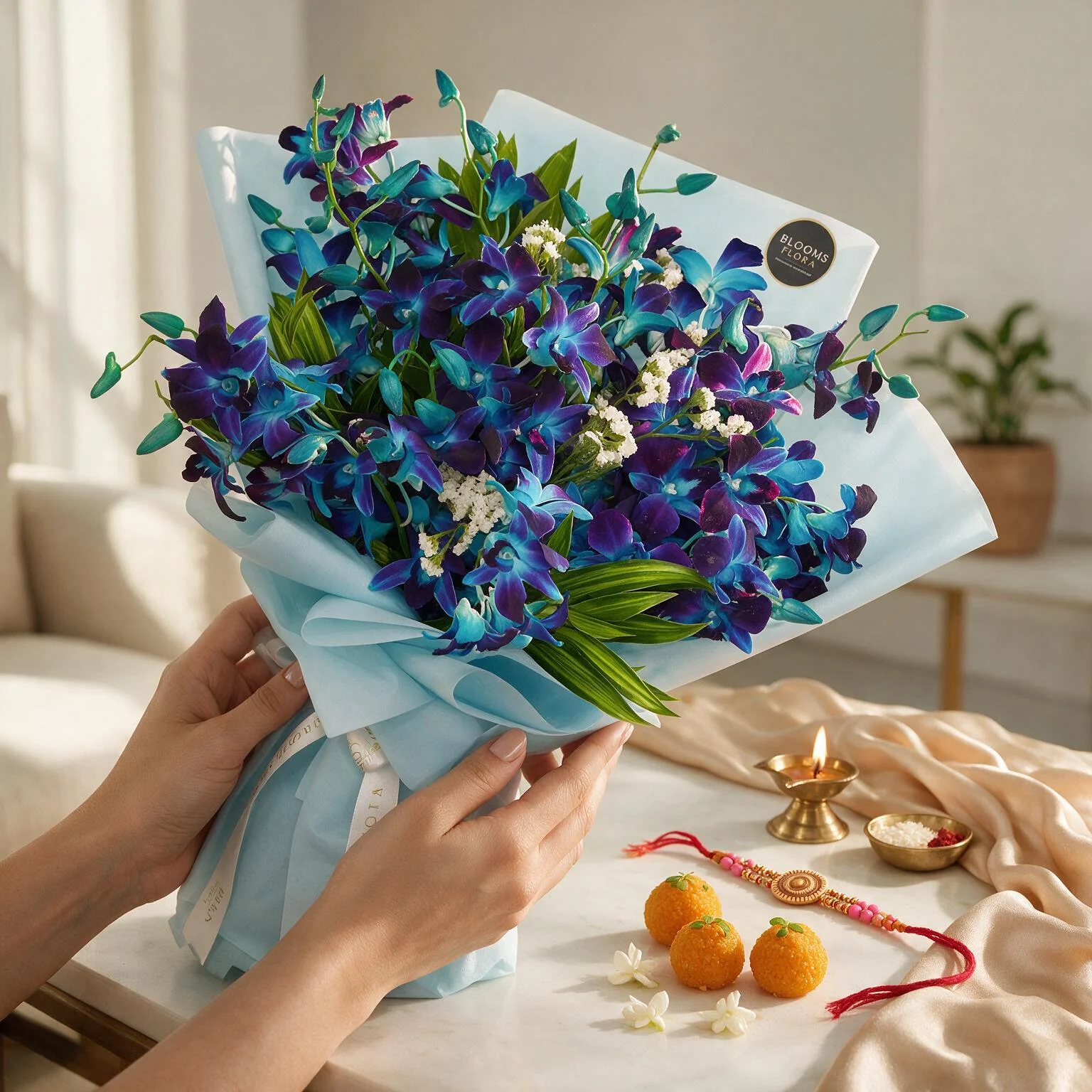 Blue orchid bouquet with Rakhi and Moti Choor Laddu for Raksha Bandhan