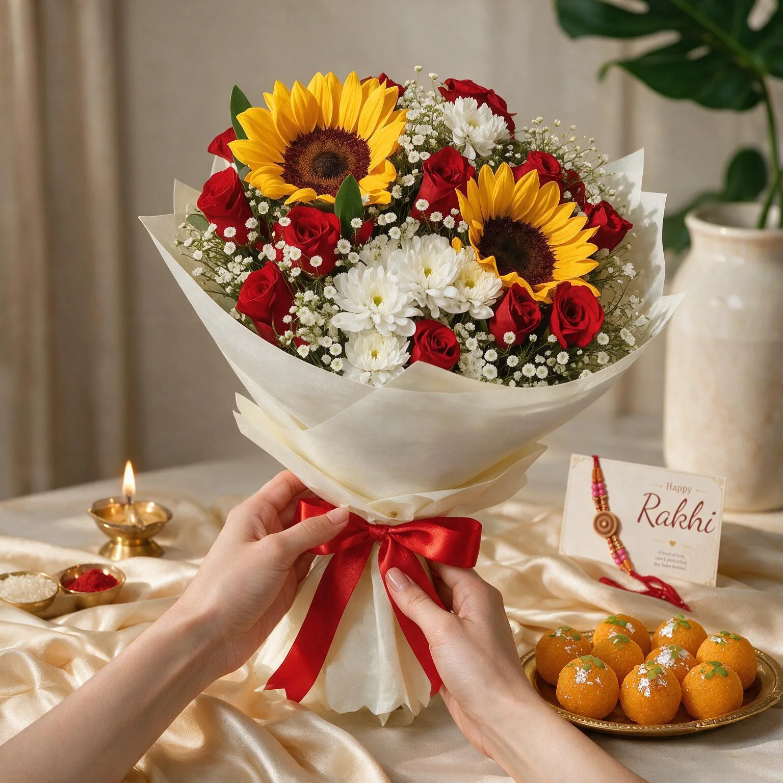 Sunflower and red rose bouquet with motichoor ladoo