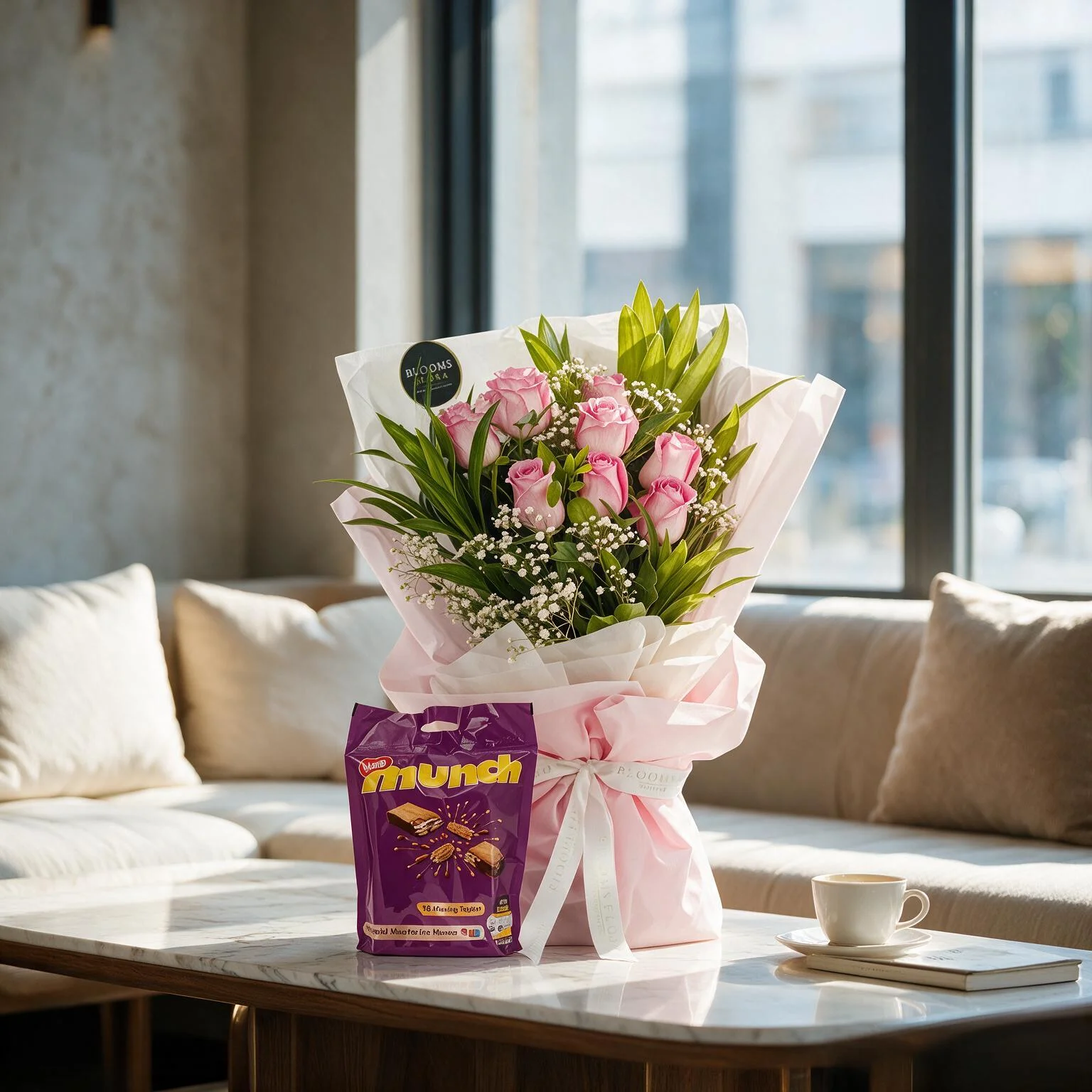 8 pink rose bouquet with Munch mini pack