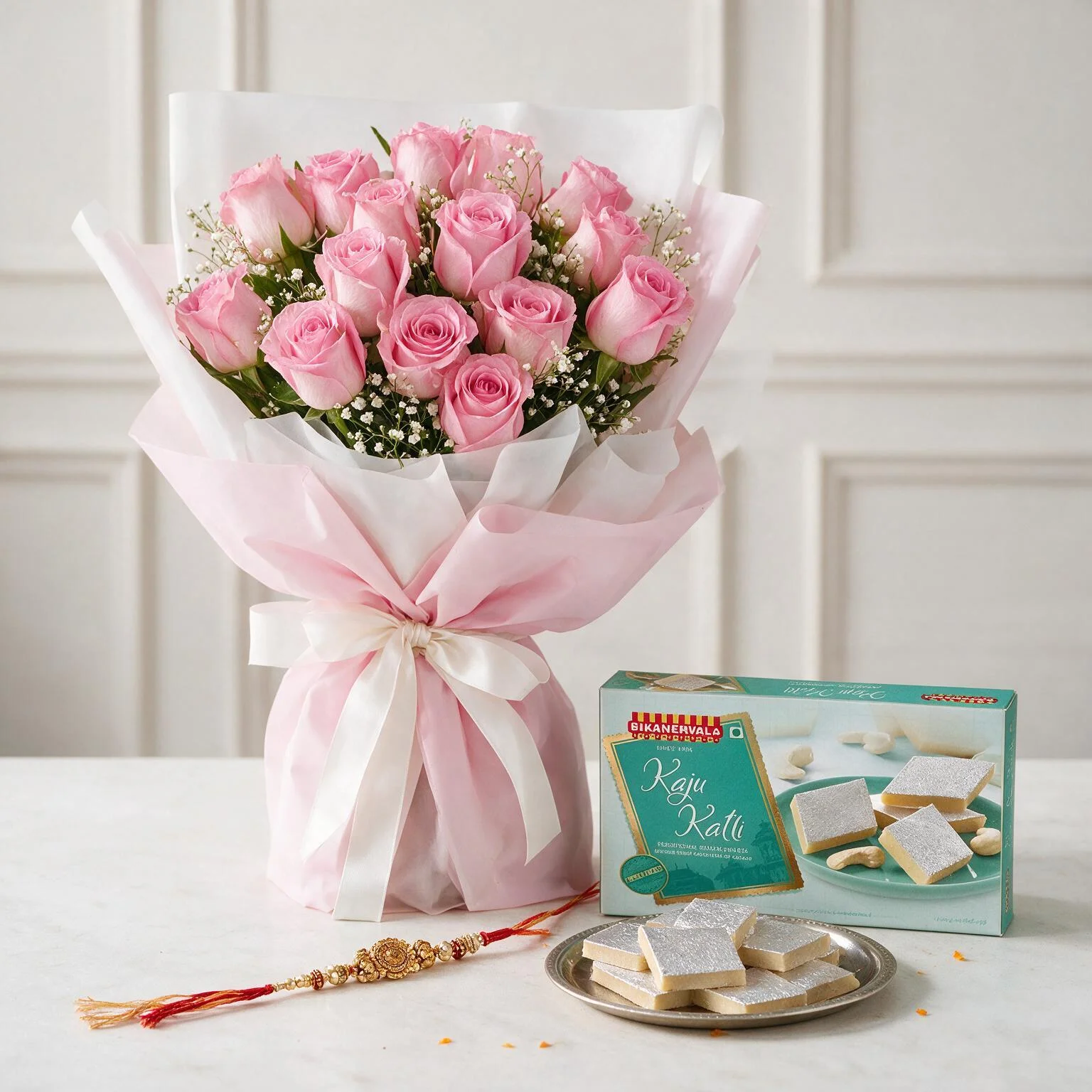 Pink rose bouquet with Rakhi and Kaju Katli for Raksha Bandhan