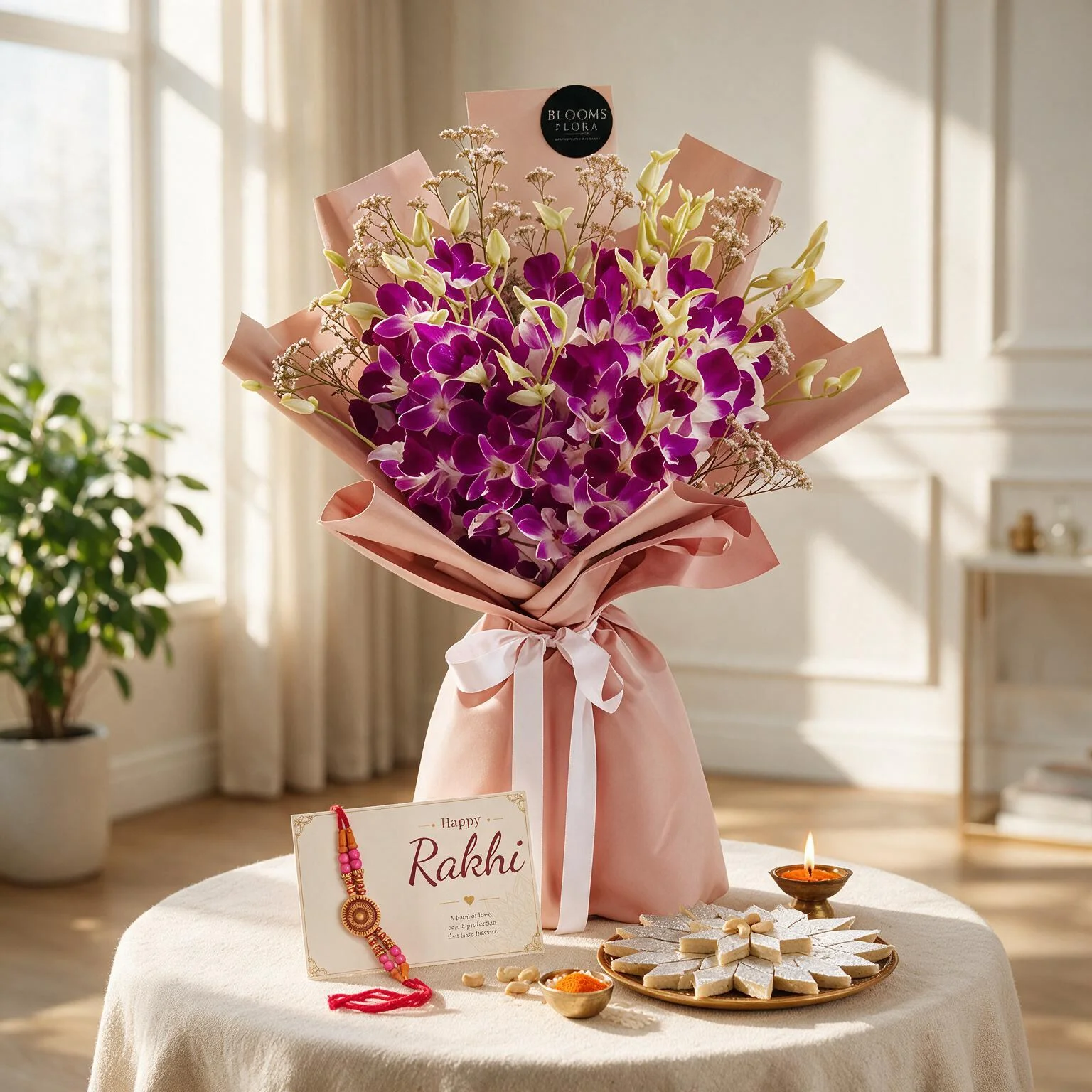 Purple orchid bouquet with Rakhi and Kaju Katli for Raksha Bandhan
