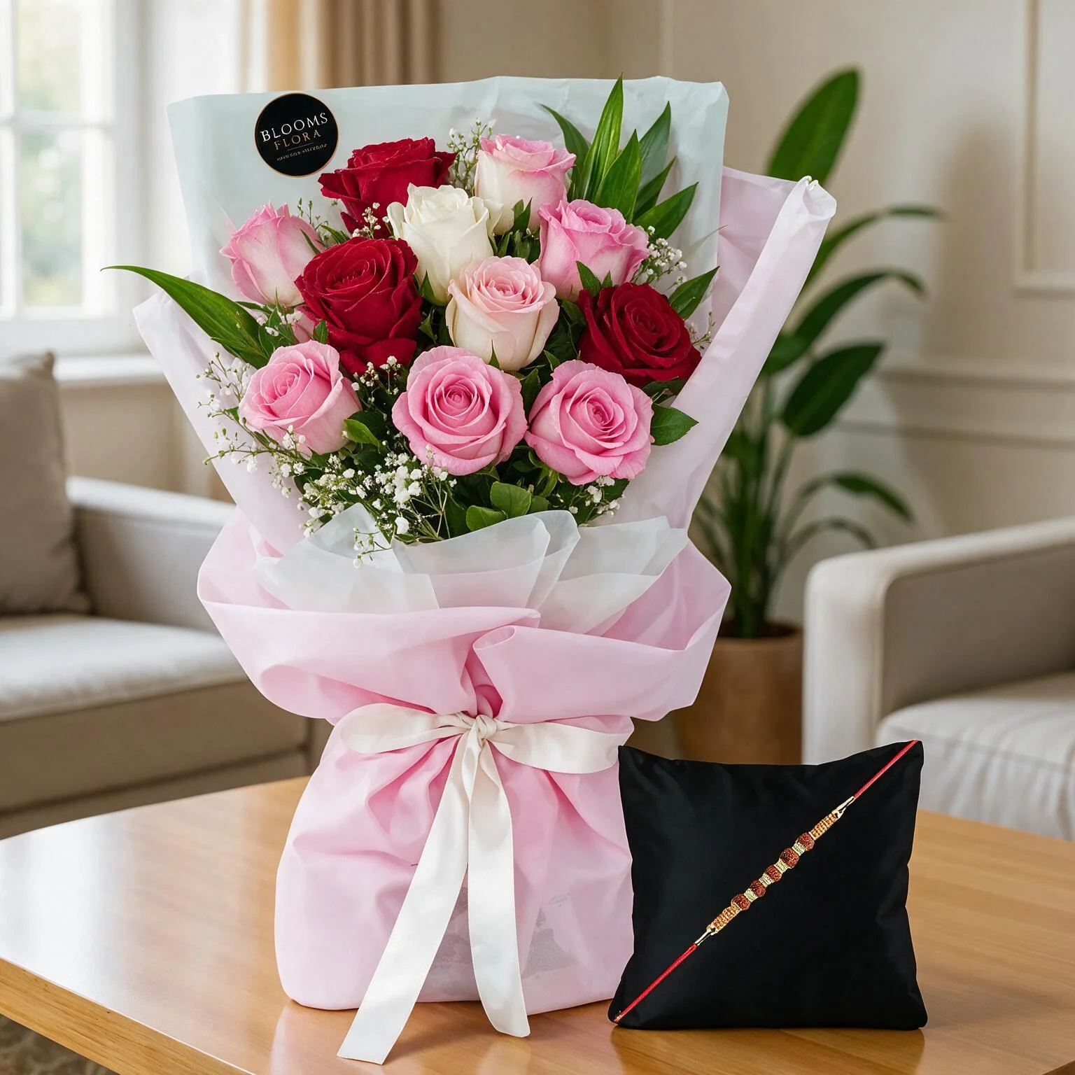 Mixed red pink and white rose bouquet for Raksha Bandhan