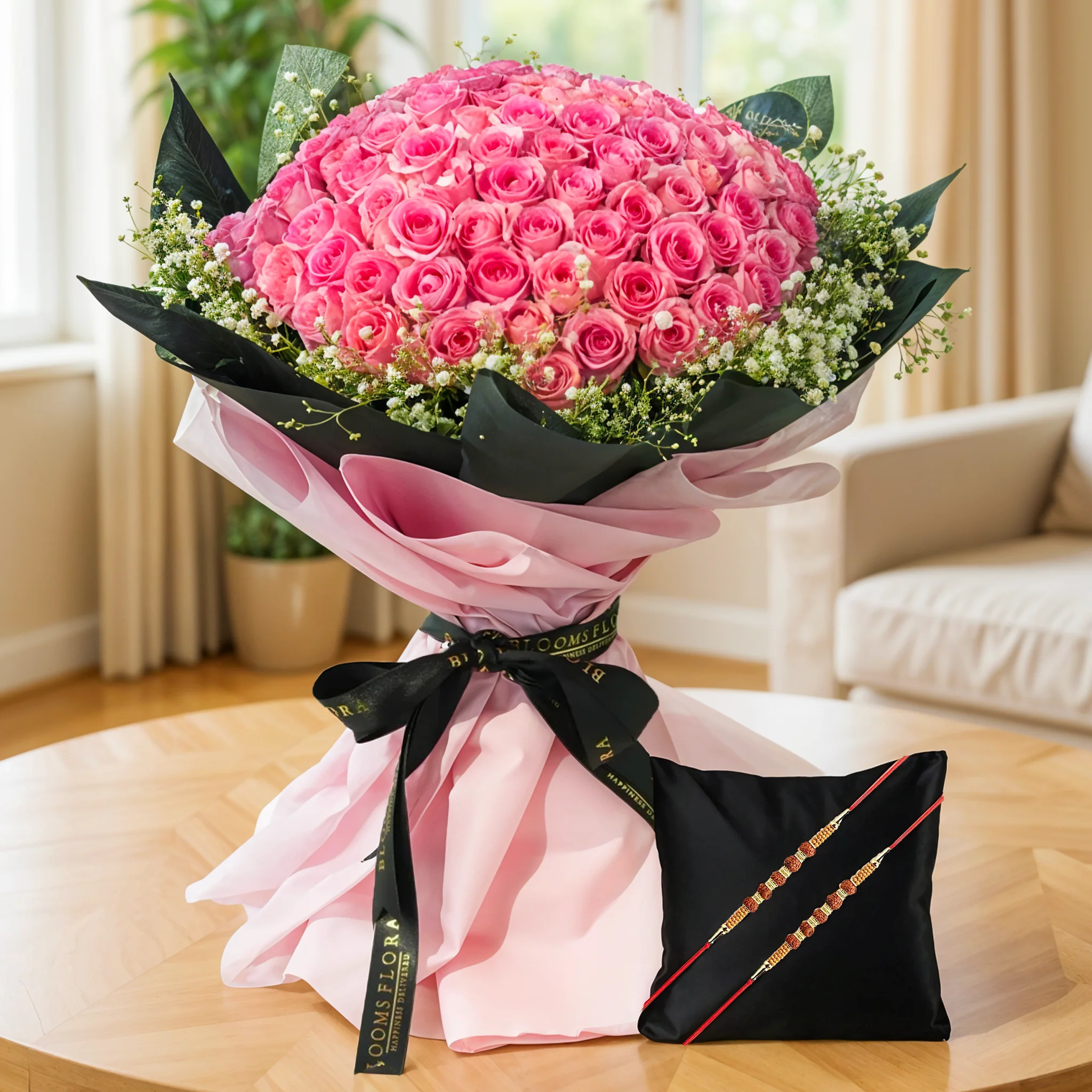 Bouquet of 100 Pink Roses with 2 Rakhis
