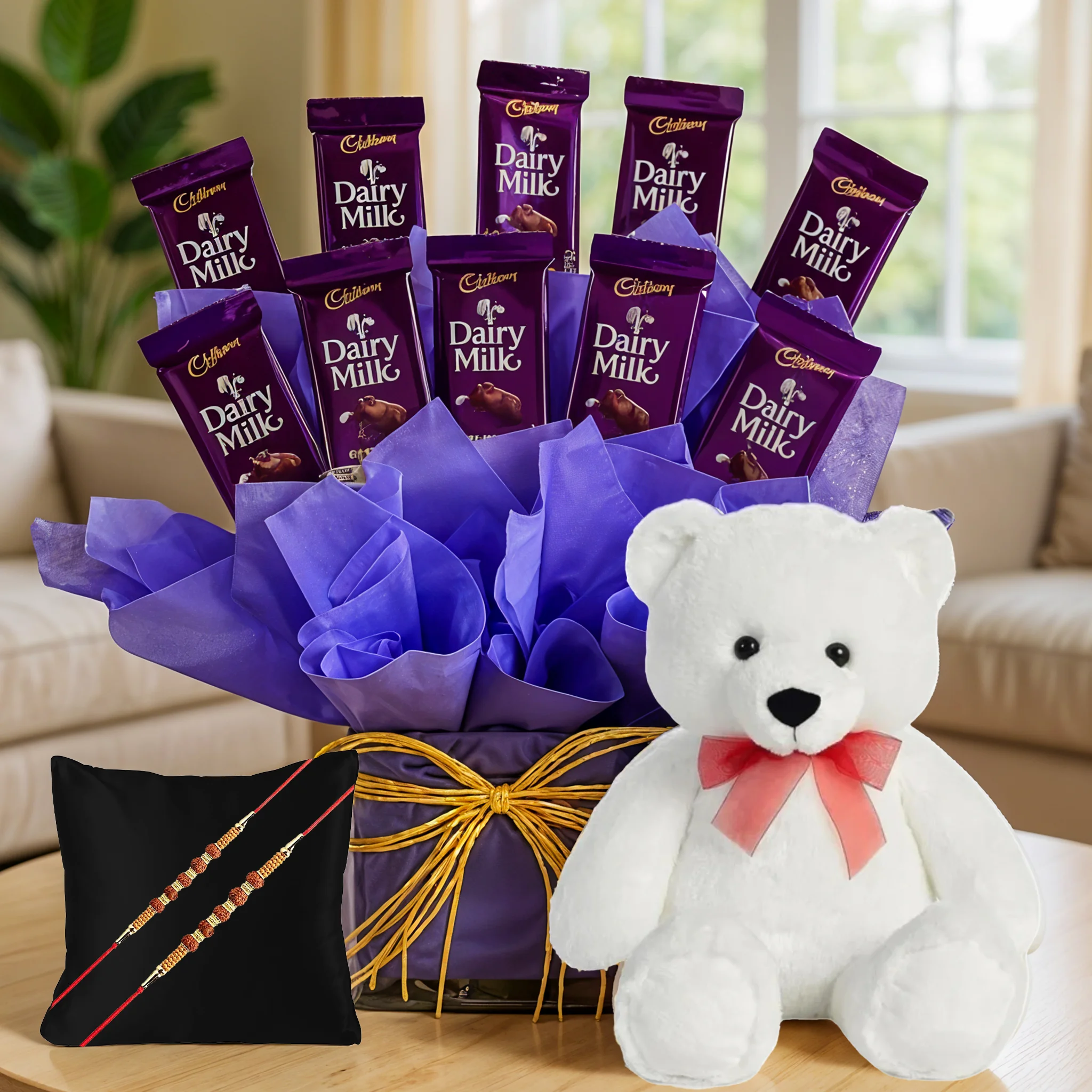 Vase of Dairy Milk chocolates with teddy and Rakhis