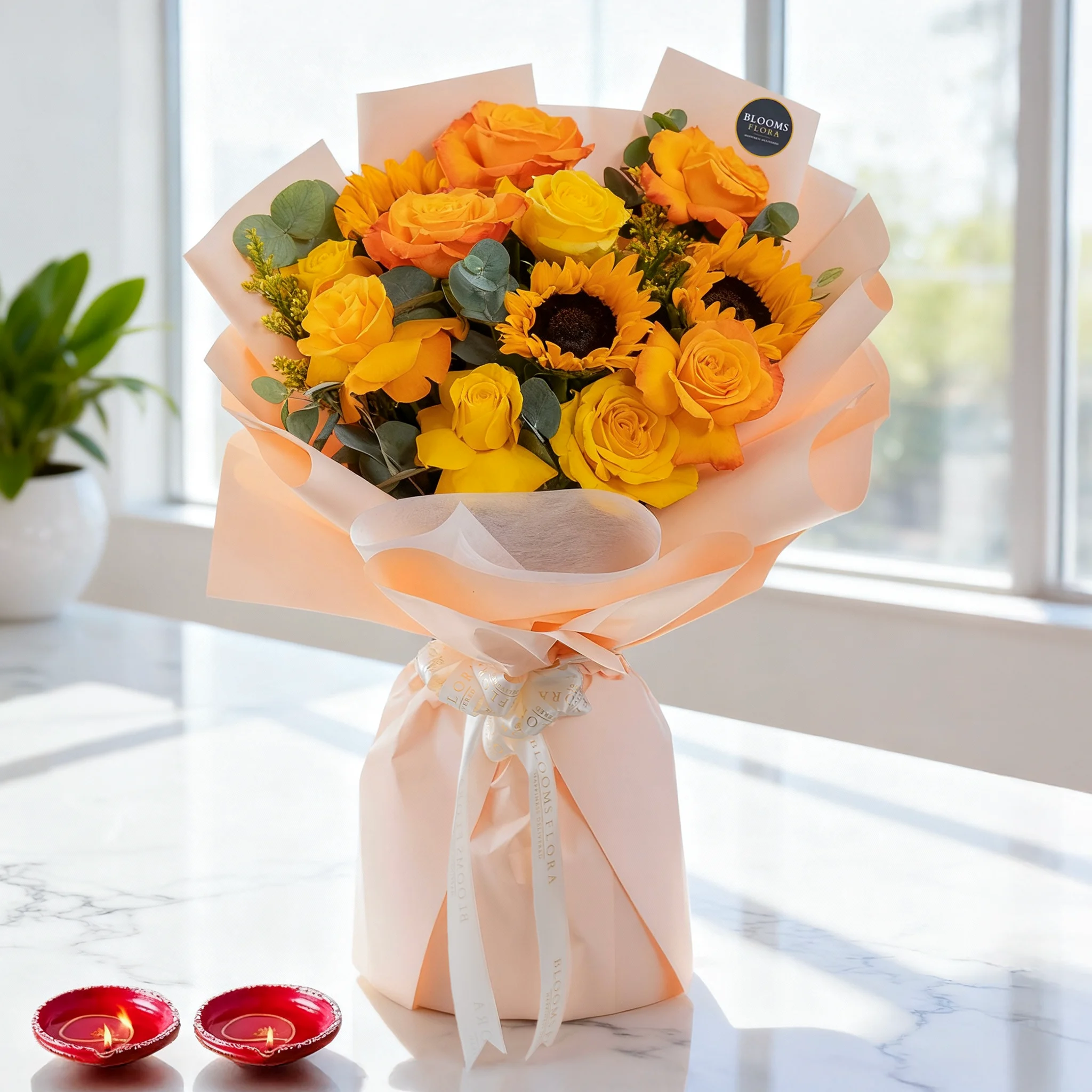 Bouquet of 5 Yellow roses, 5 Orange Roses & 3 sunflowers with fillers in nice wrapping along with 2 Diyas