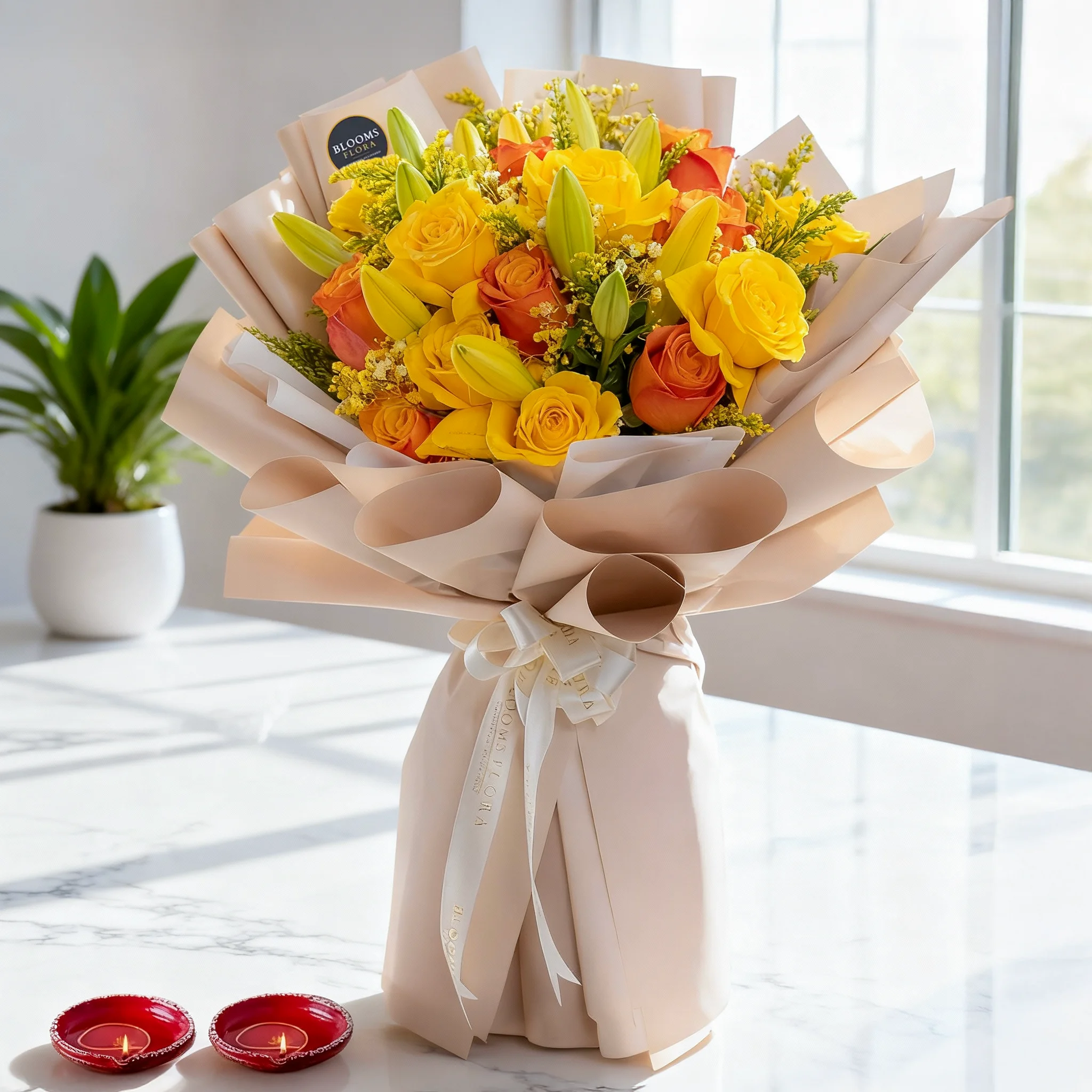 Bouquet of 3 white Lilies, 10 Orange Roses & 10 Yellow Roses  with fillers in nice wrapping along with 2 Diyas