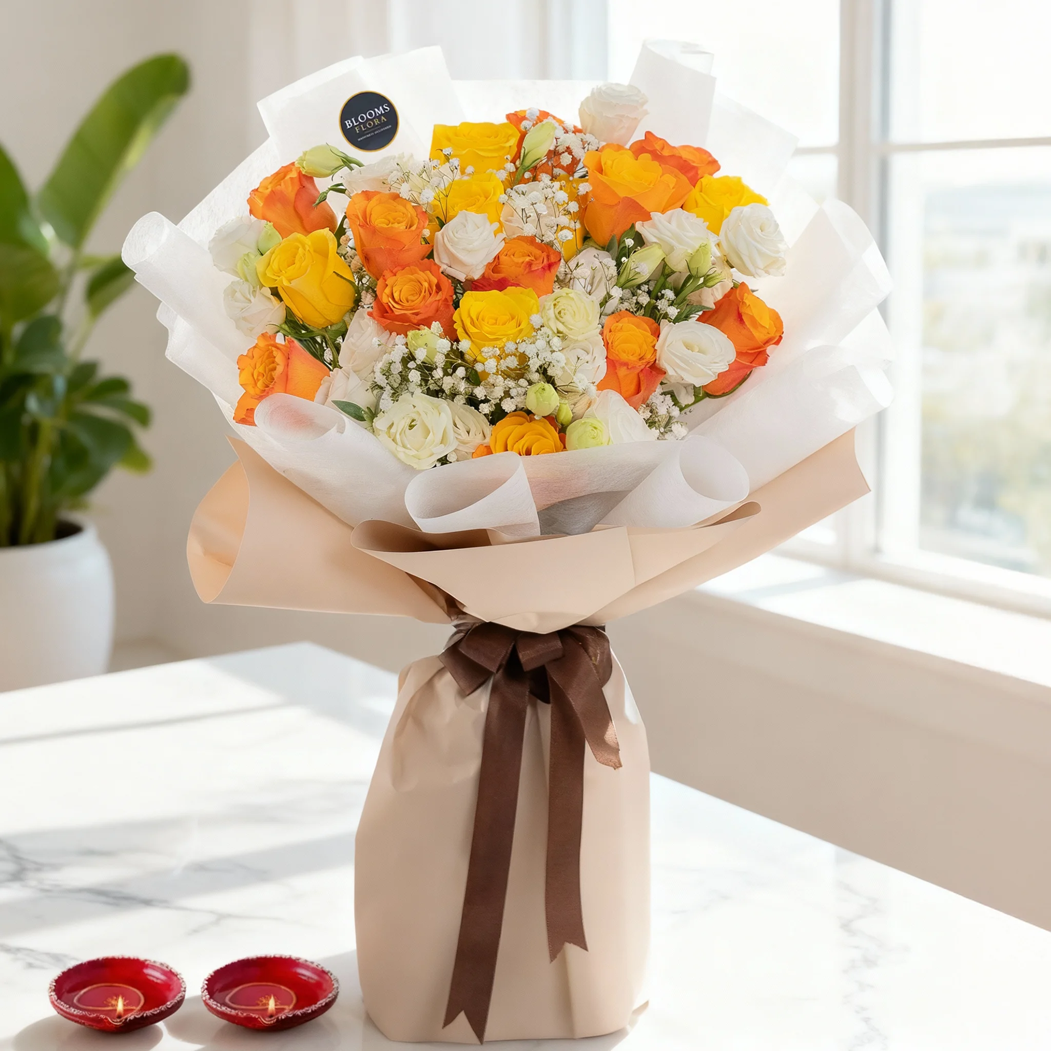 Bouquet of 10 White Roses, 10 Orange Roses &  10 Yellow Roses with fillers in white wrapping along with 2 Diyas