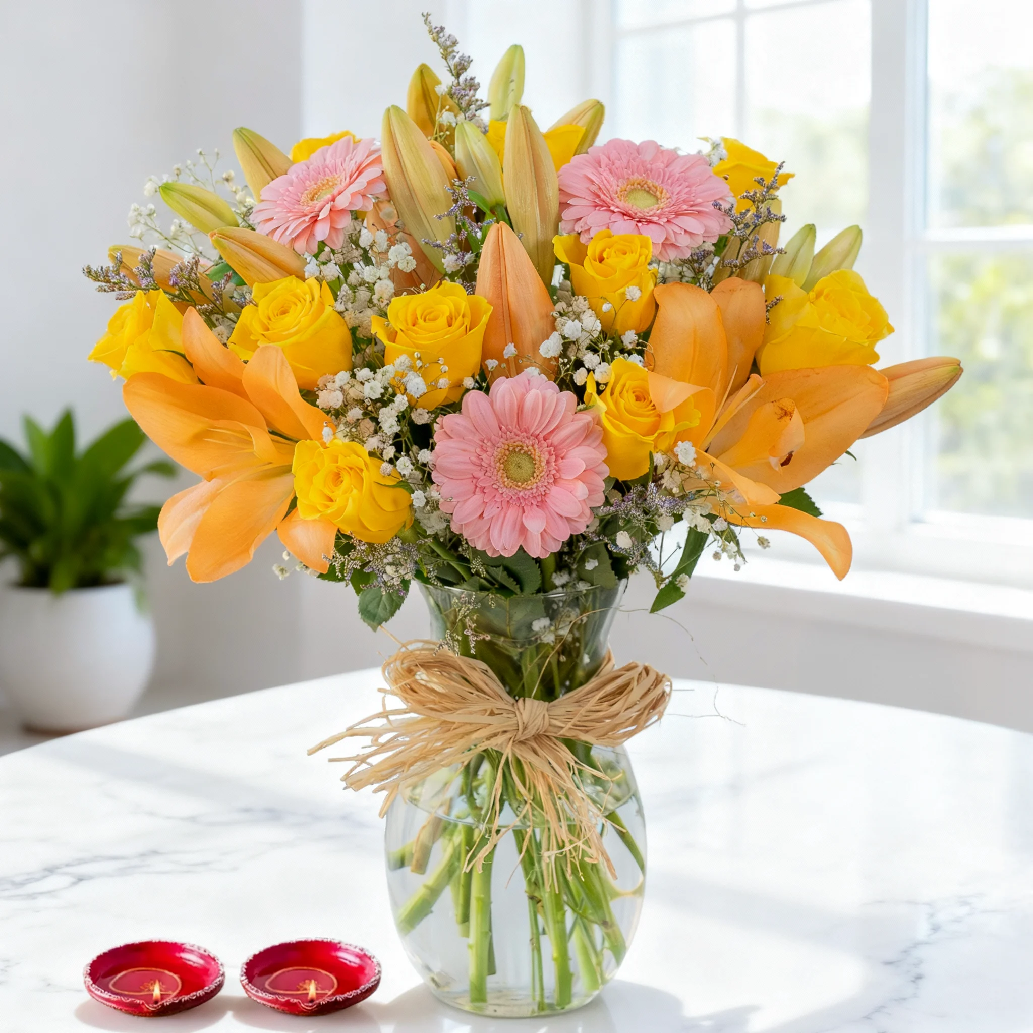 10 Yellow Roses, 5 Pink Gerberas, 3 Orange Lilies with fillers in a vase along with 2 diyas