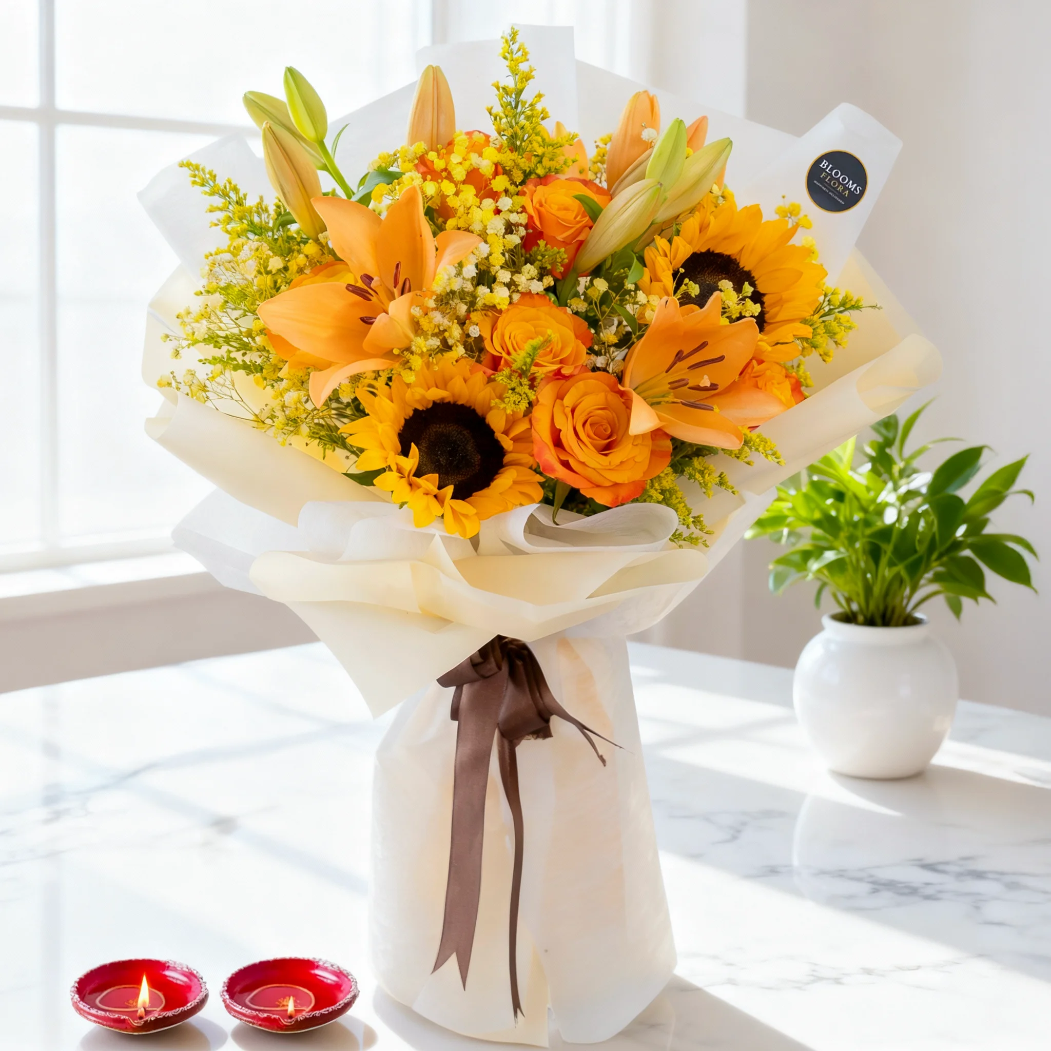 Bouquet of 4 Lilies & Roses with 2 sunflowers