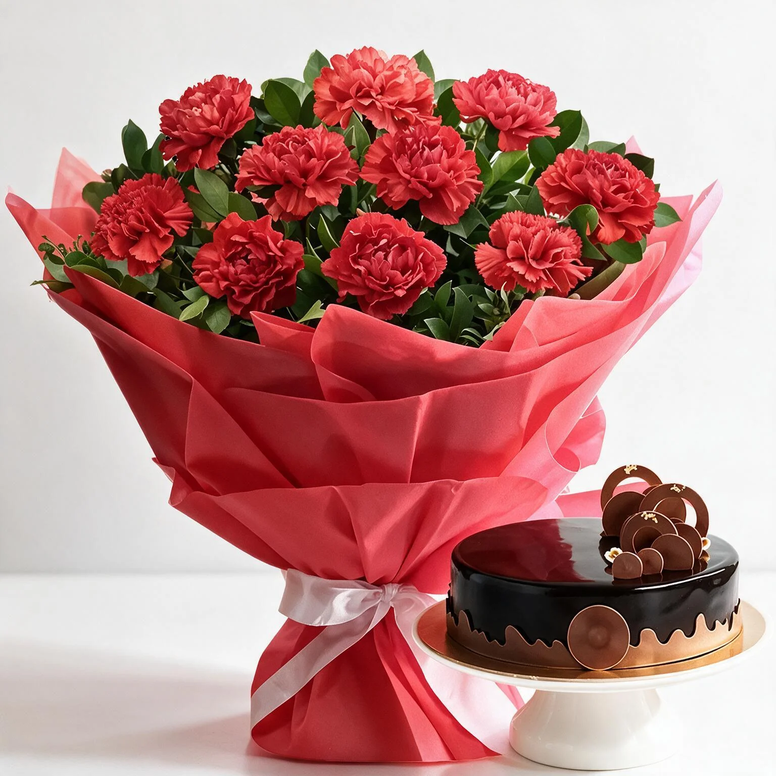 Carnations Bouquet in a Red Packing With Cake