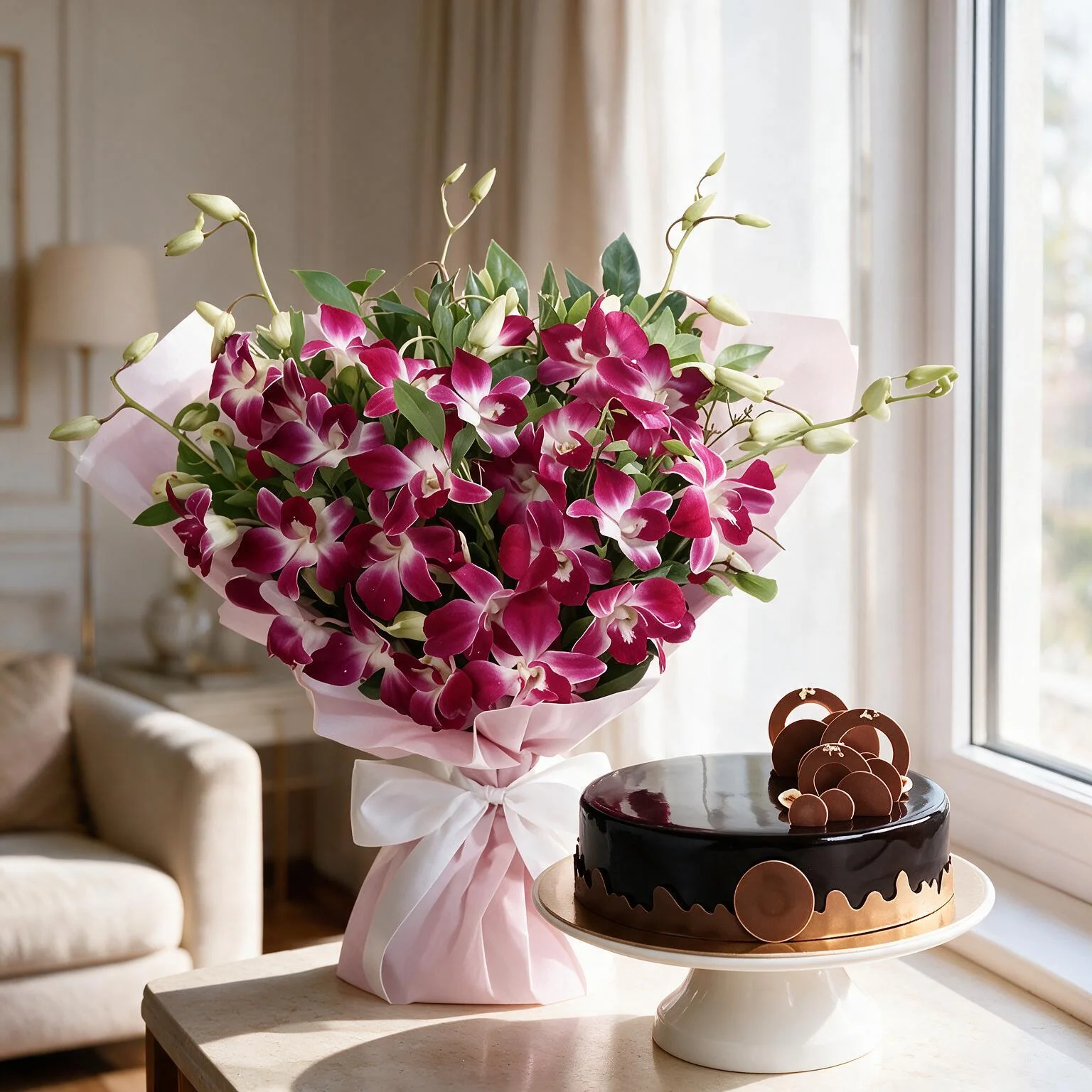 Orchids Bouquet With Cake