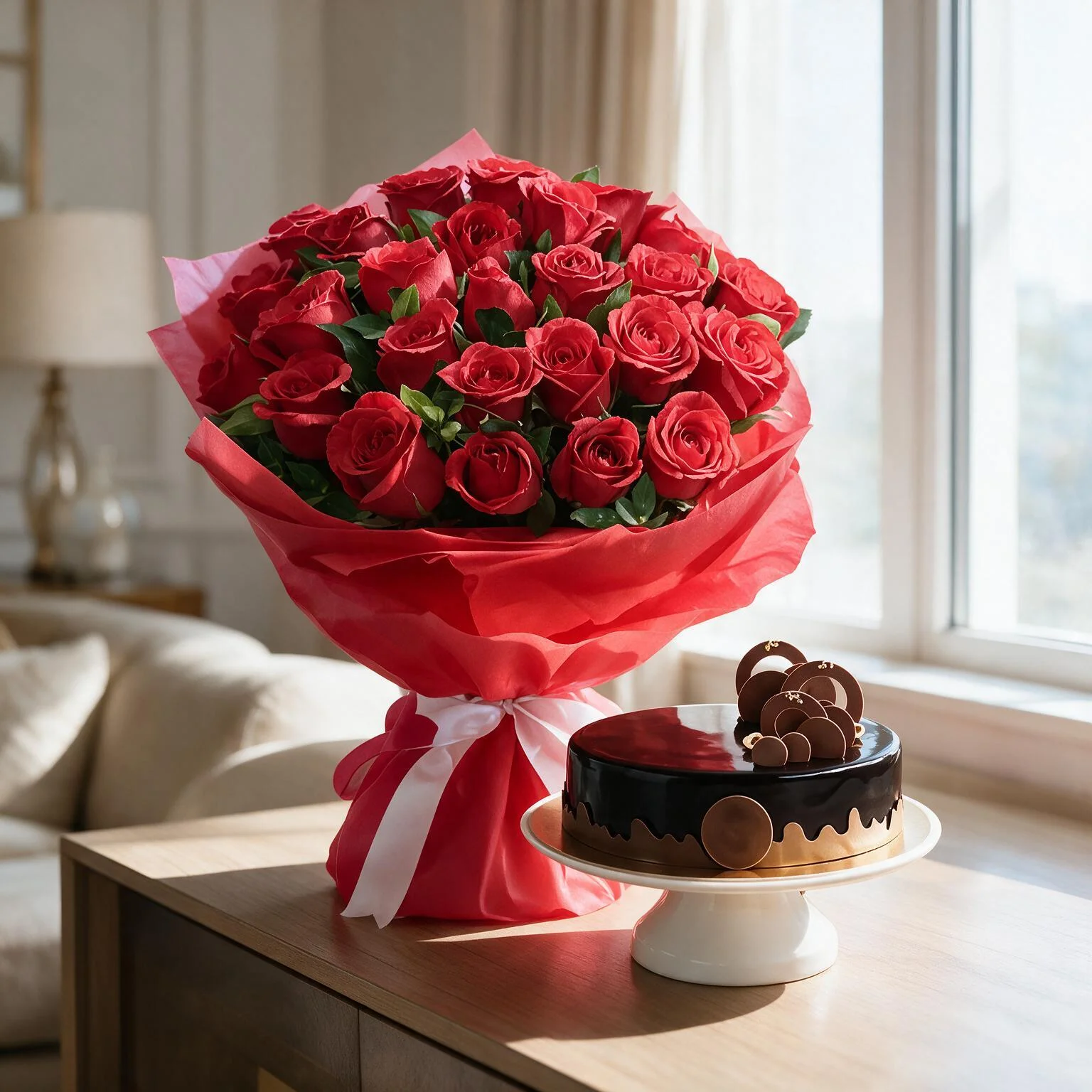Roses Bouquet With Cake