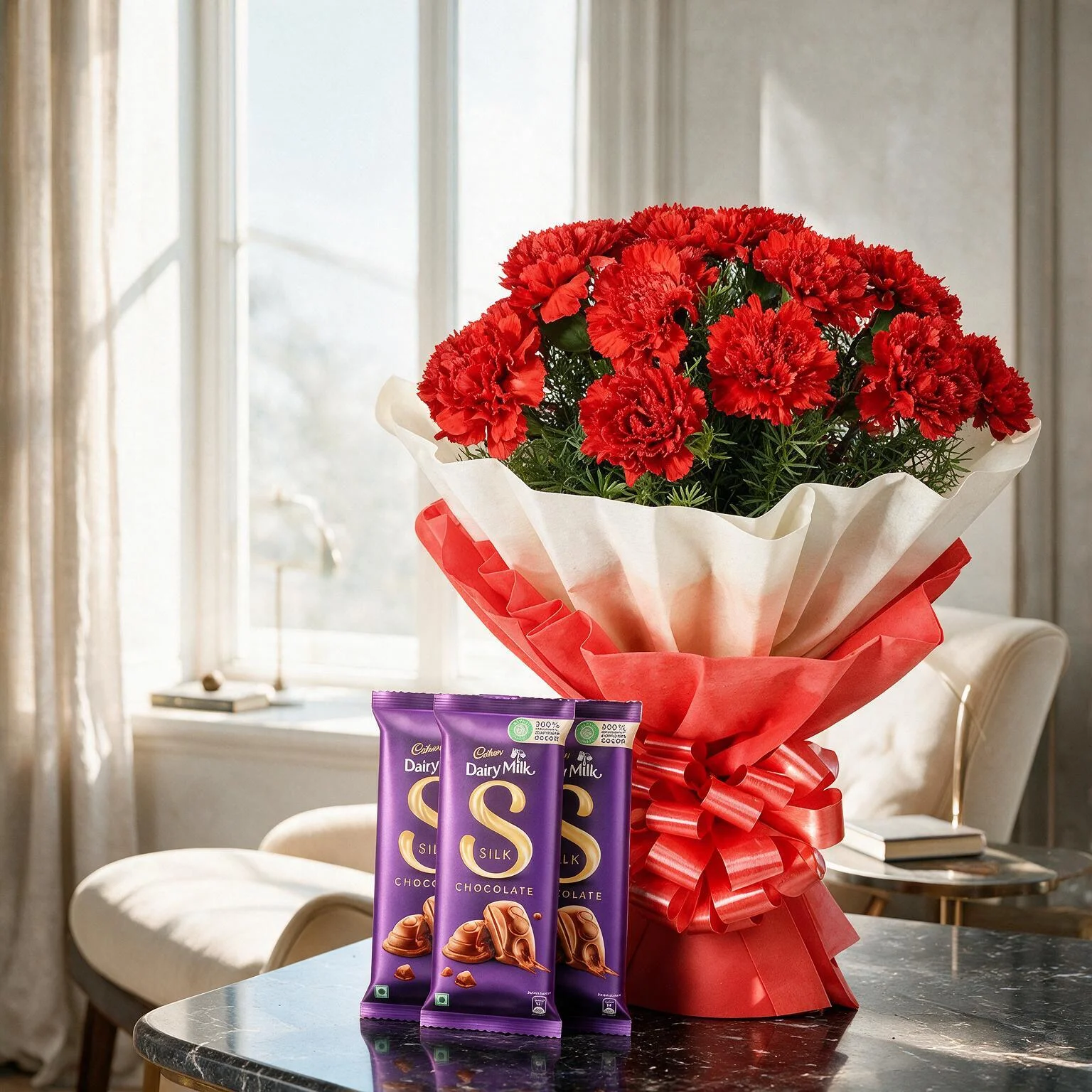 10 red carnations bouquet with 3 dairy milk silk chocolate