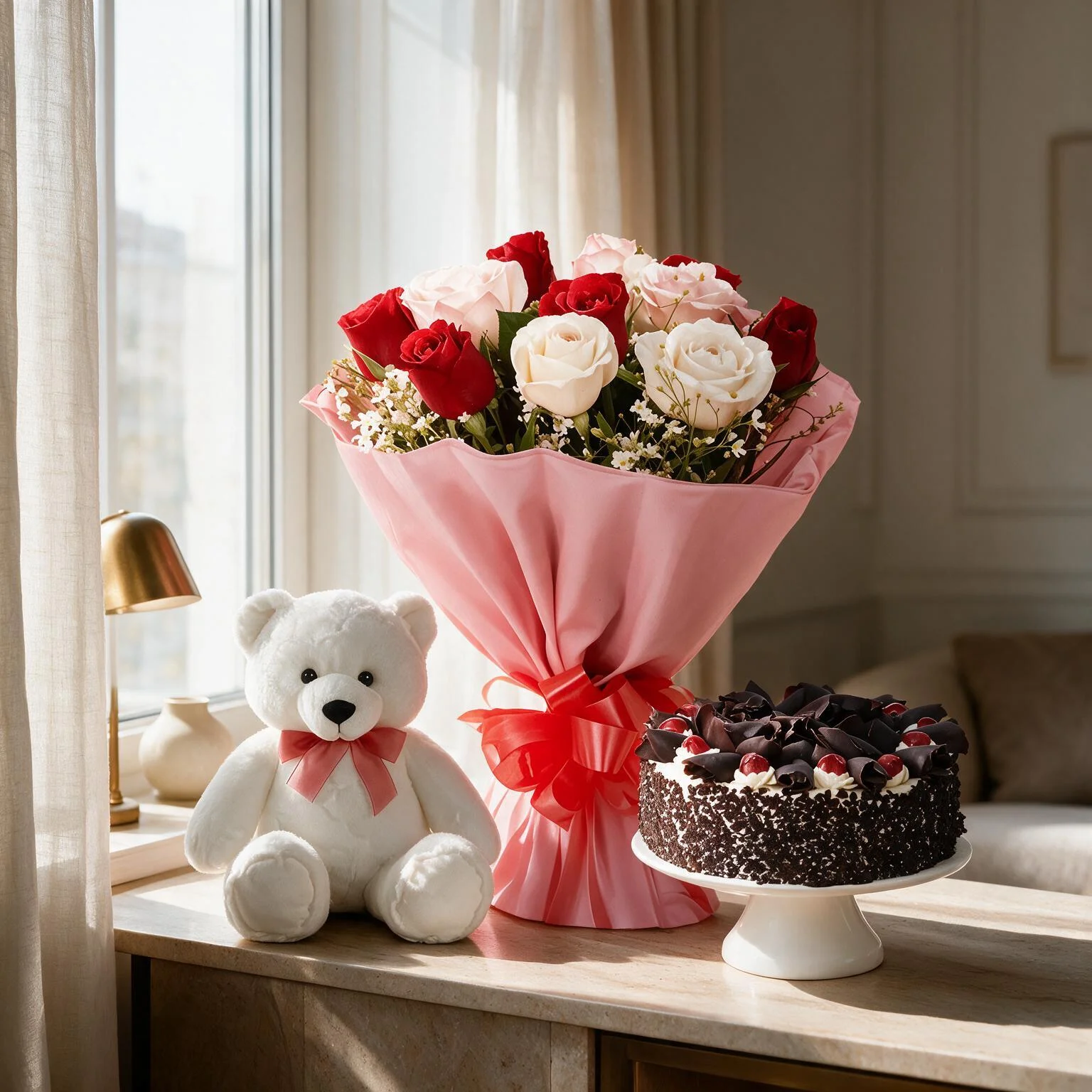 Bouquet With Teddy & Cake
