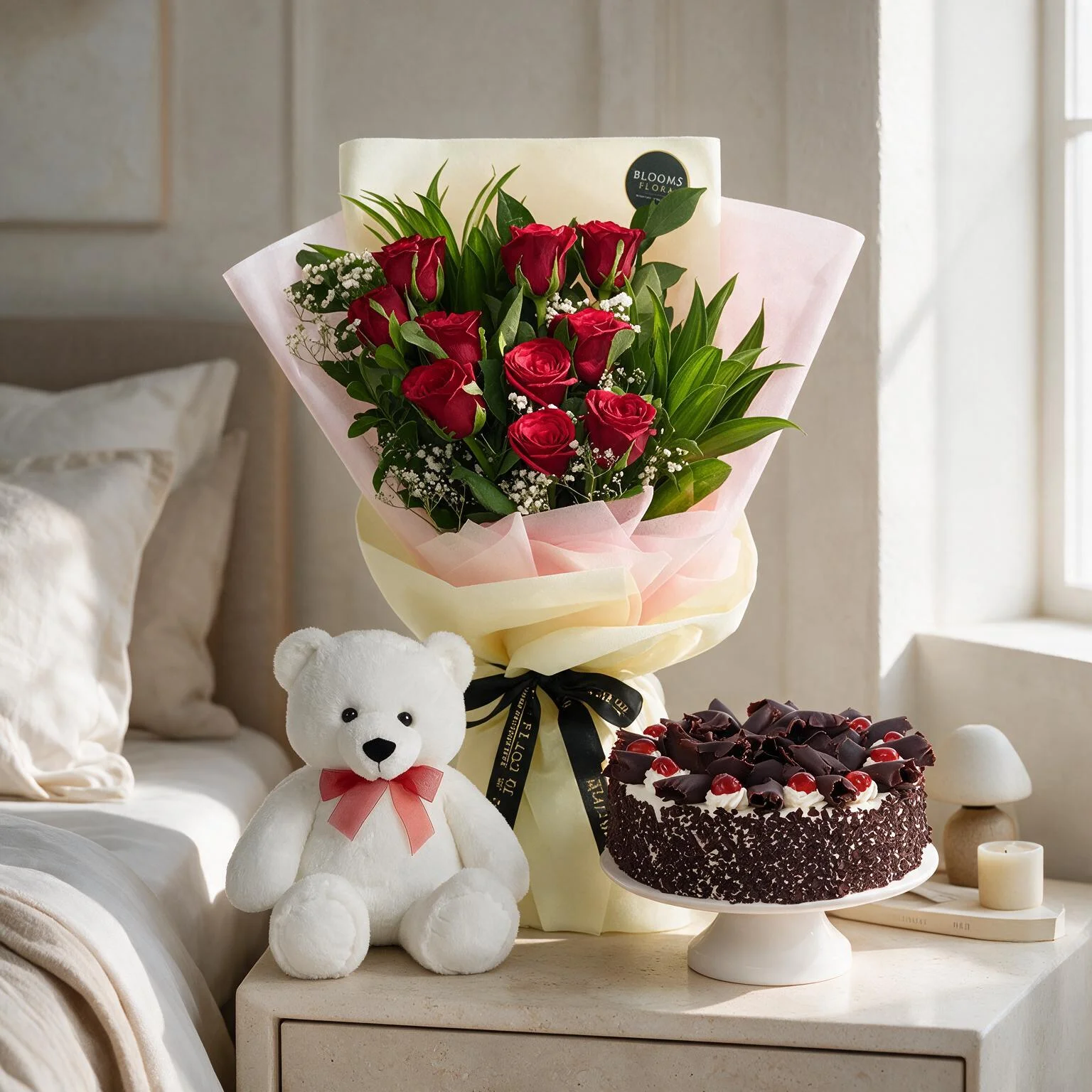 Roses Bouquet With Cake & Teddy
