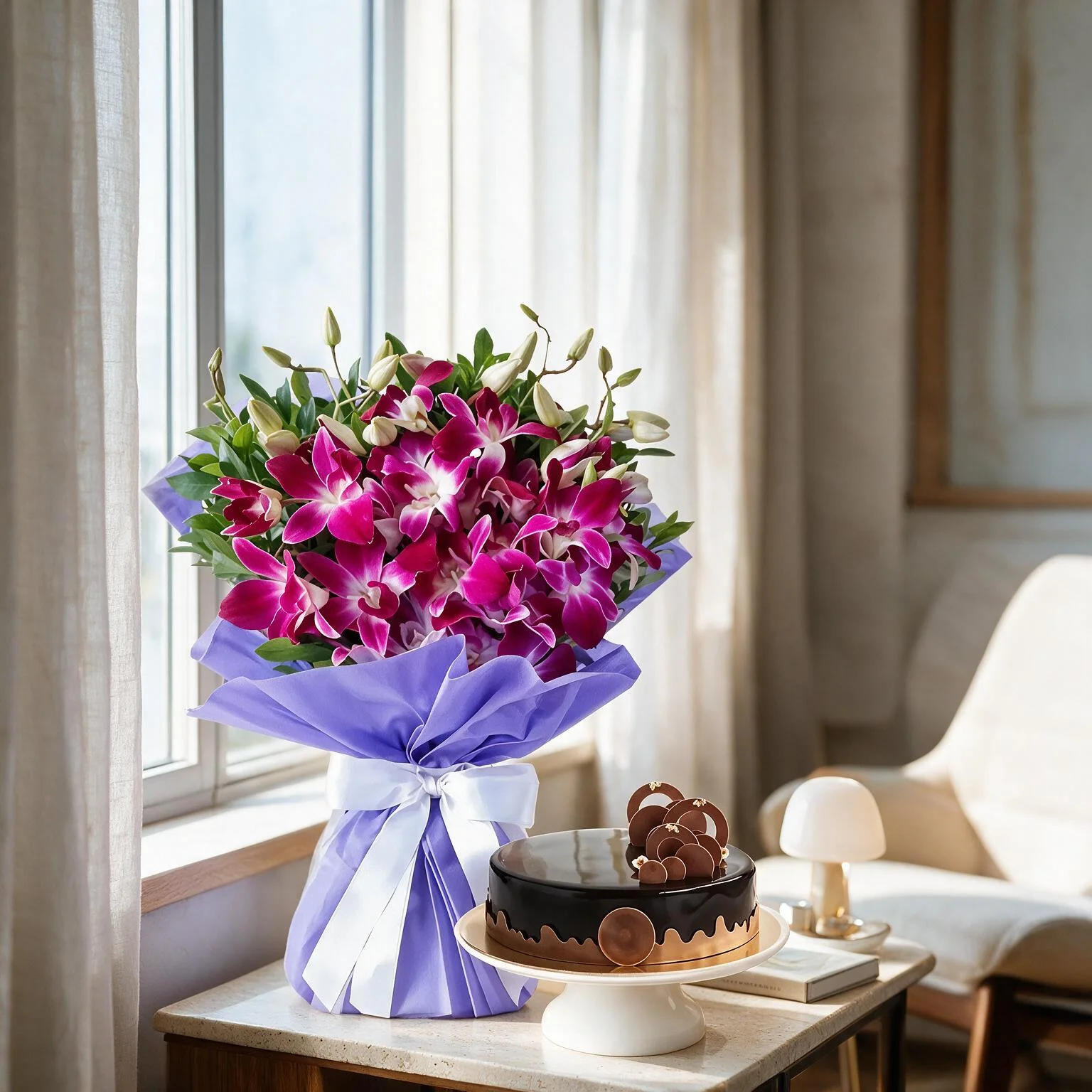 7 purple orchids bouquet and half kg cake