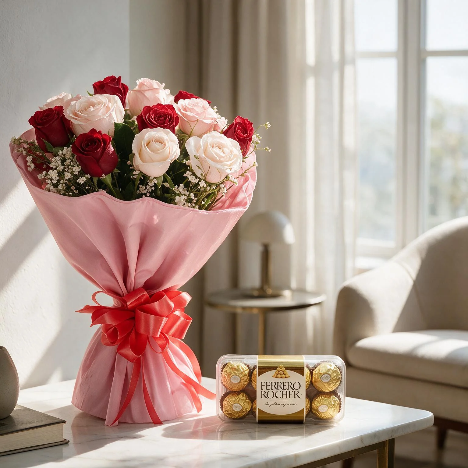 12 red and white roses bouquet with ferrero rocher chocolate