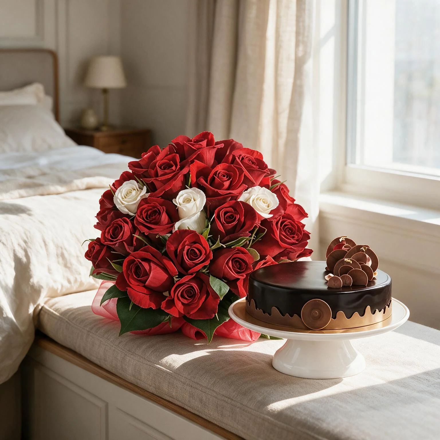 18 red roses and 3 white roses with half kg chocolate cake