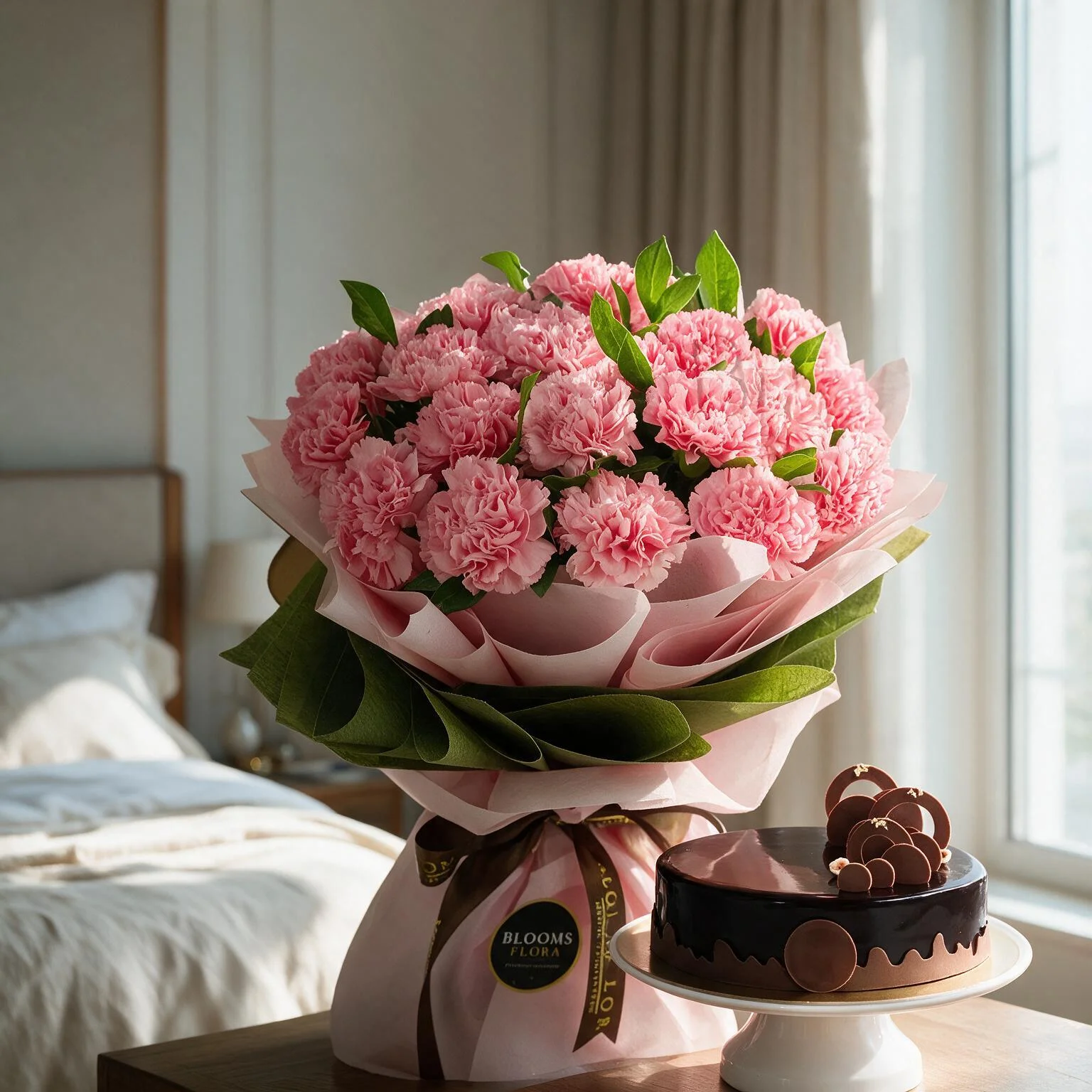 pink carnations bouquet with chocolate cake gift combo wrapped with ribbon