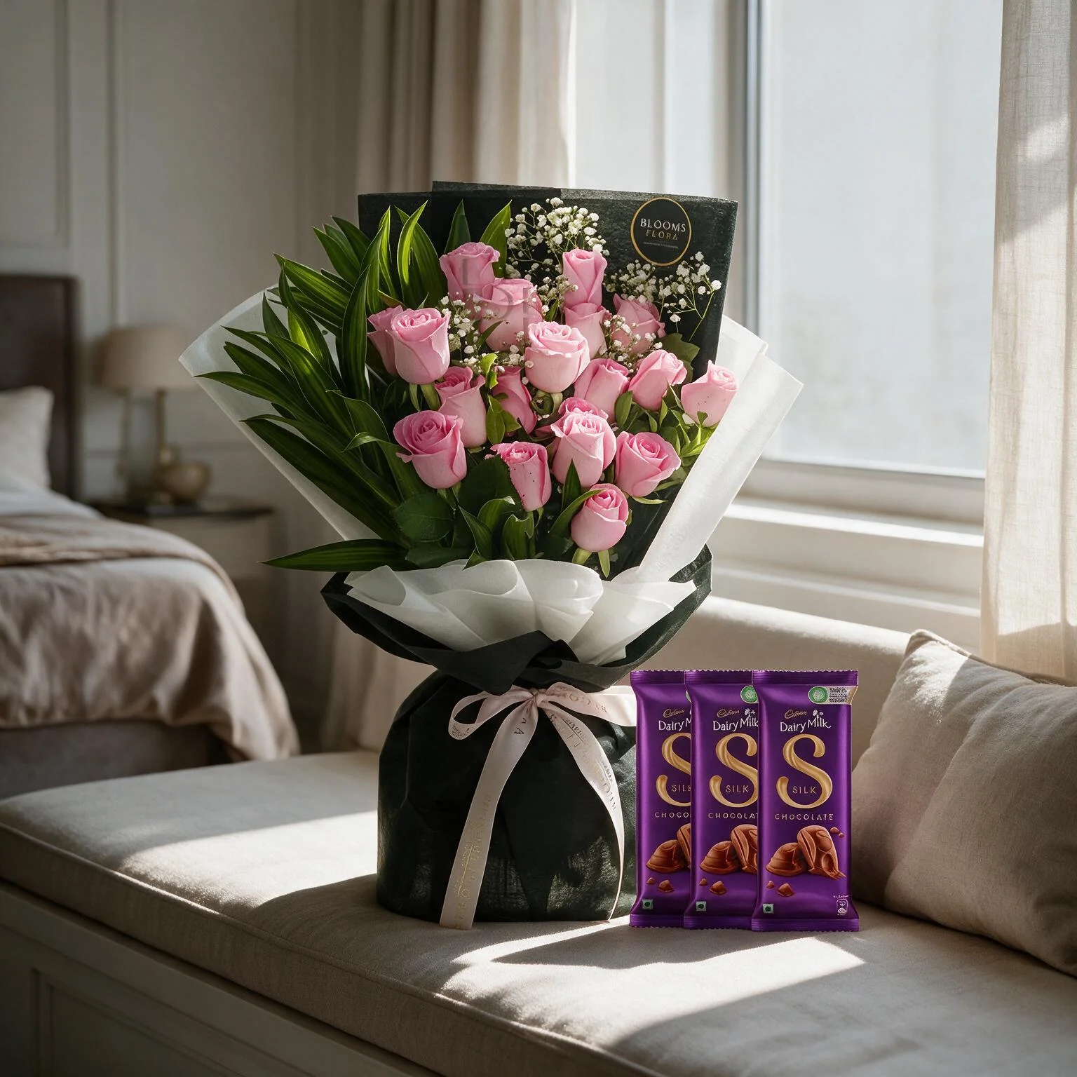 Order Bouquet of Pink Roses & Chocolate