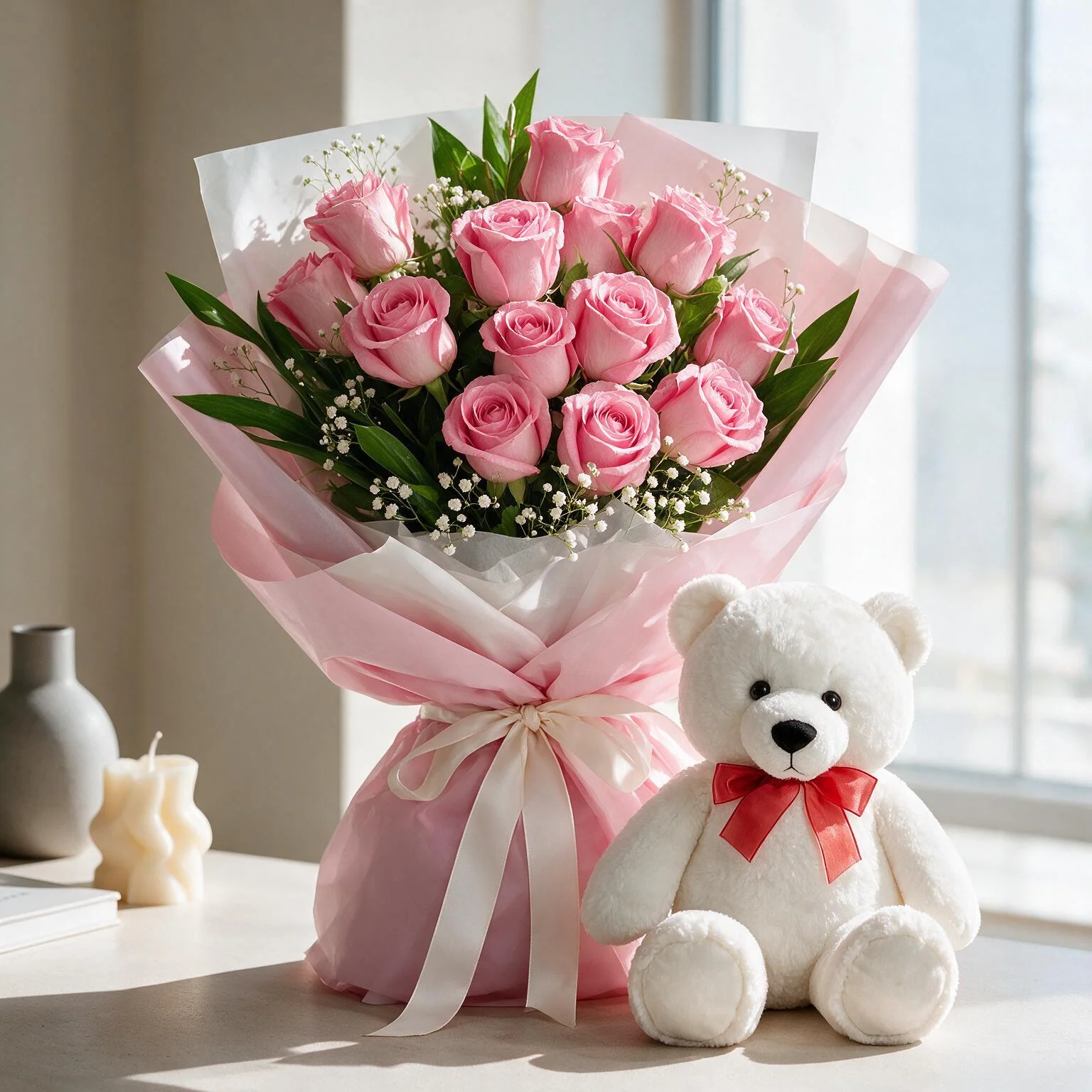8 pink roses bouquet with 6 inche white teddy bear
