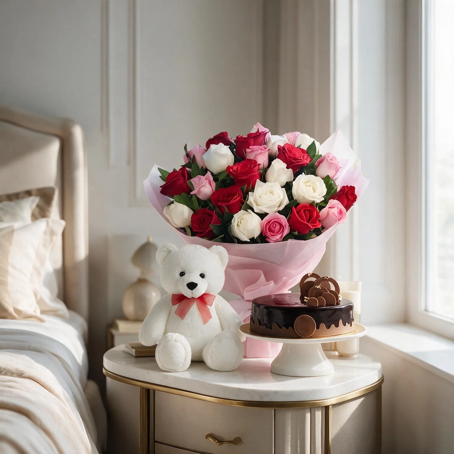 Mixed Roses Bouquet with Teddy & Cake