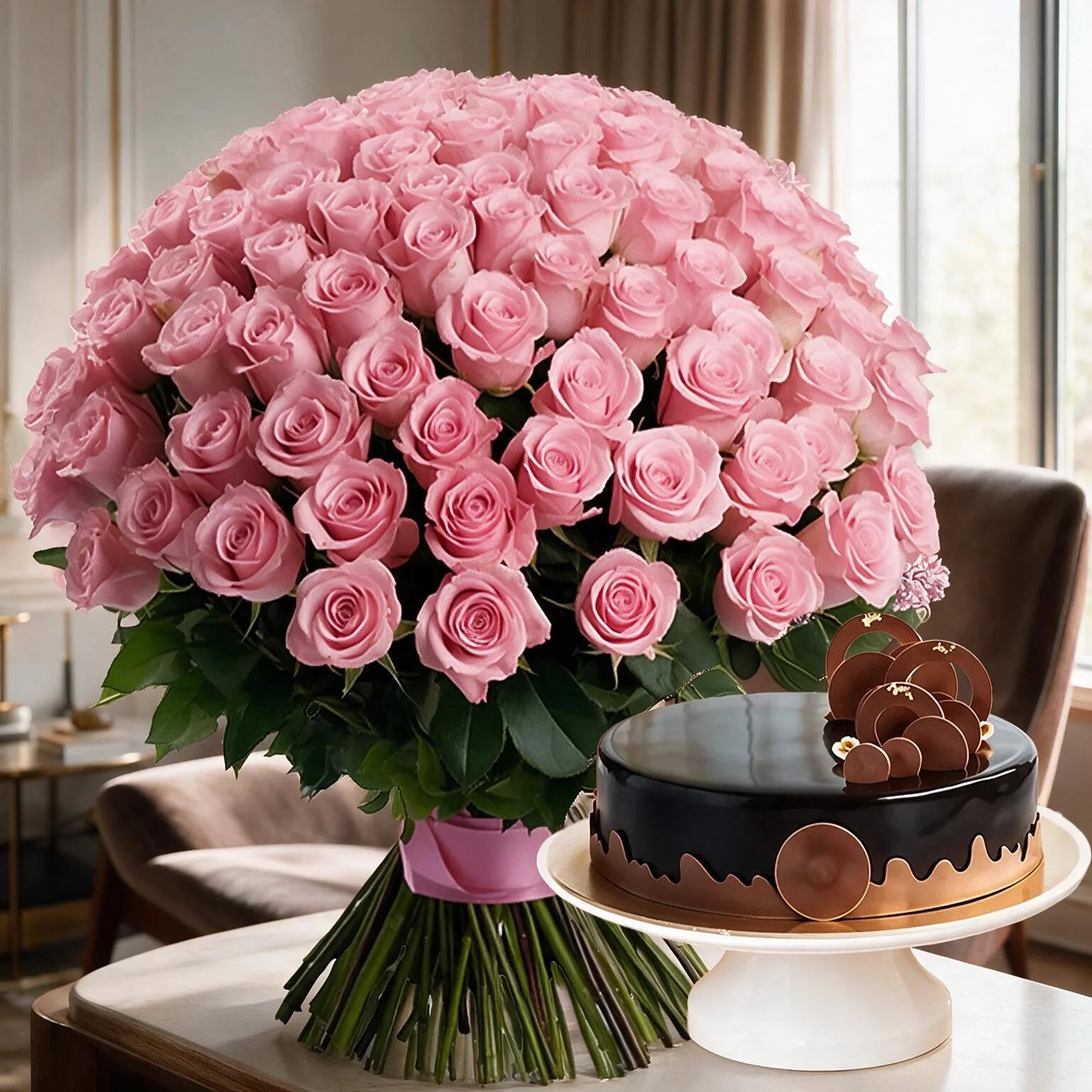 100 Pink Roses with half kg chocolate cake