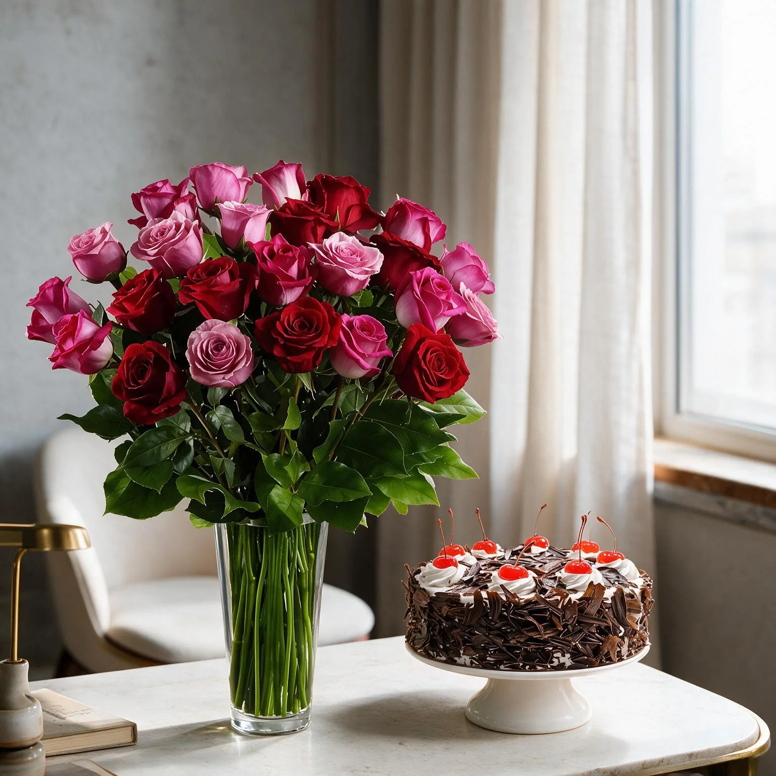 13 red and 12 pink roses bouquet with dark forest cake