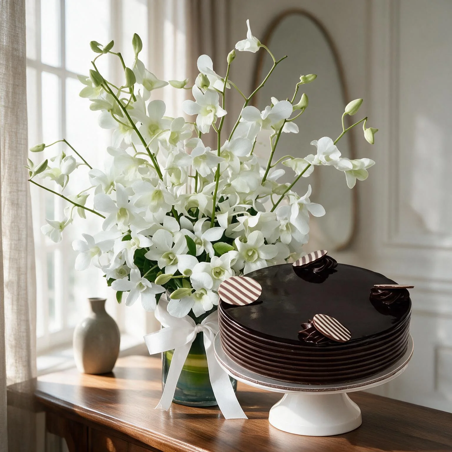 Orchids Bouquet & Chocolate Cake