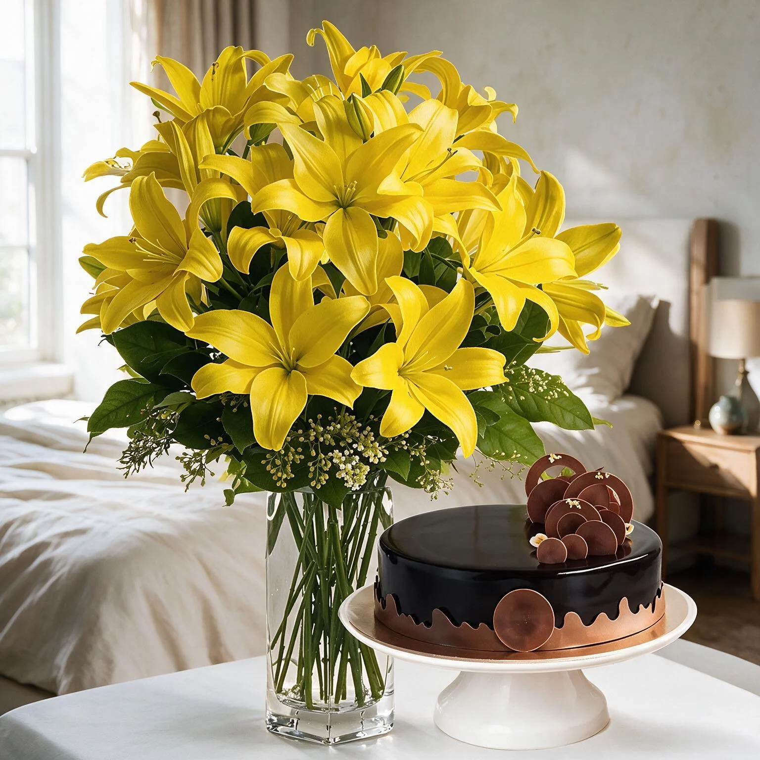 Yellow Lilies in a Vase & Cake