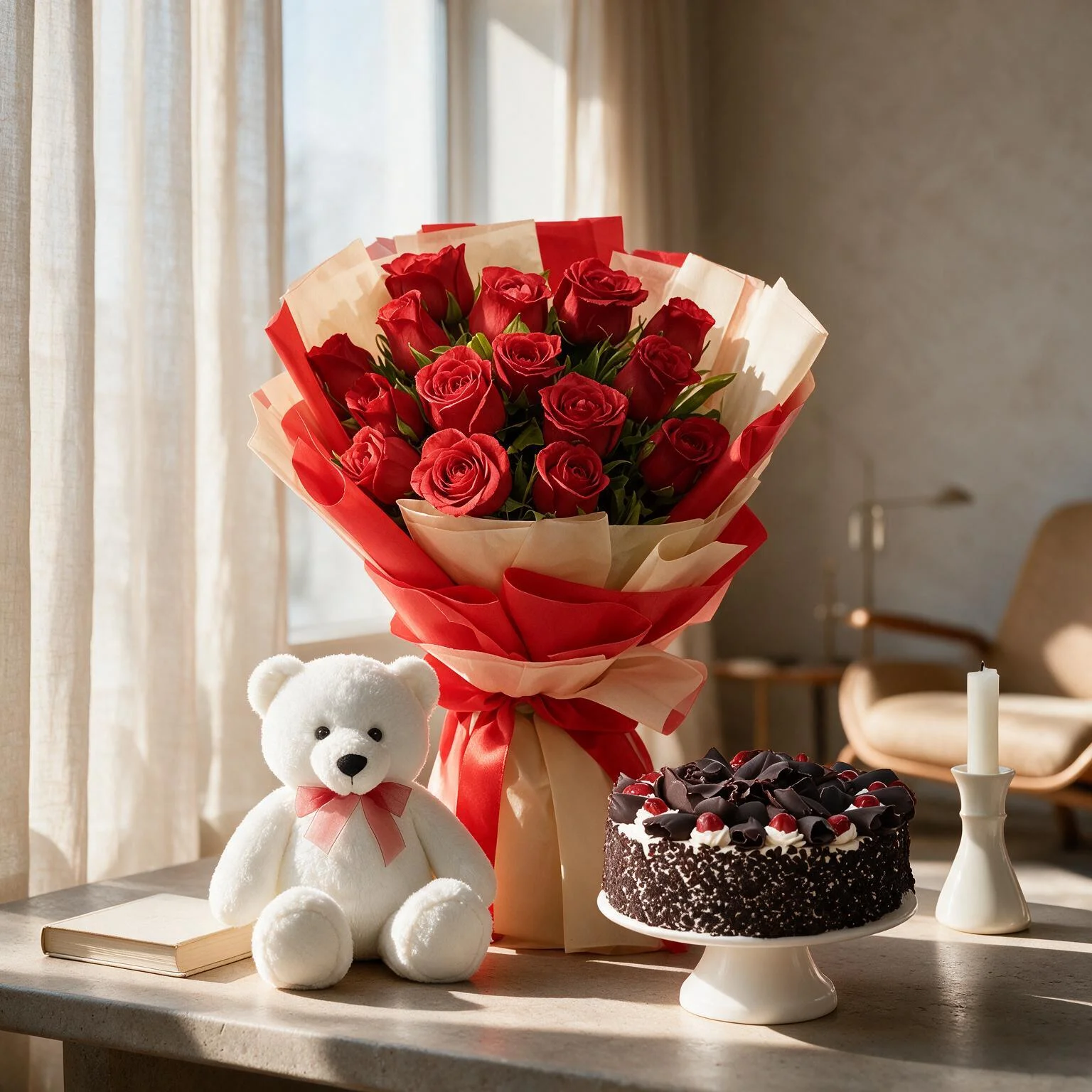 20 red roses bouquet with black forest cake and teddy bear
