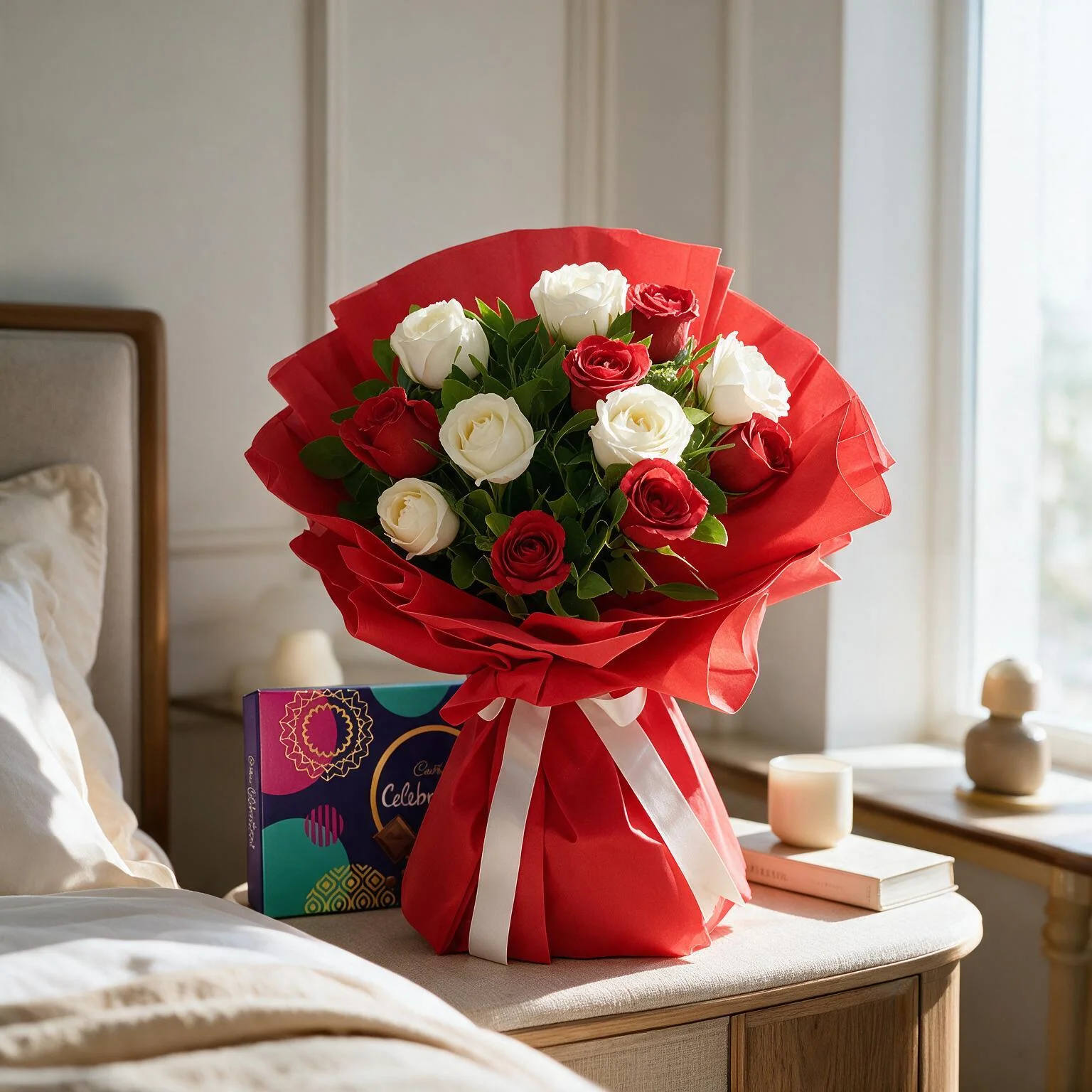 12 red and white roses bouquet with cadbury celebration box