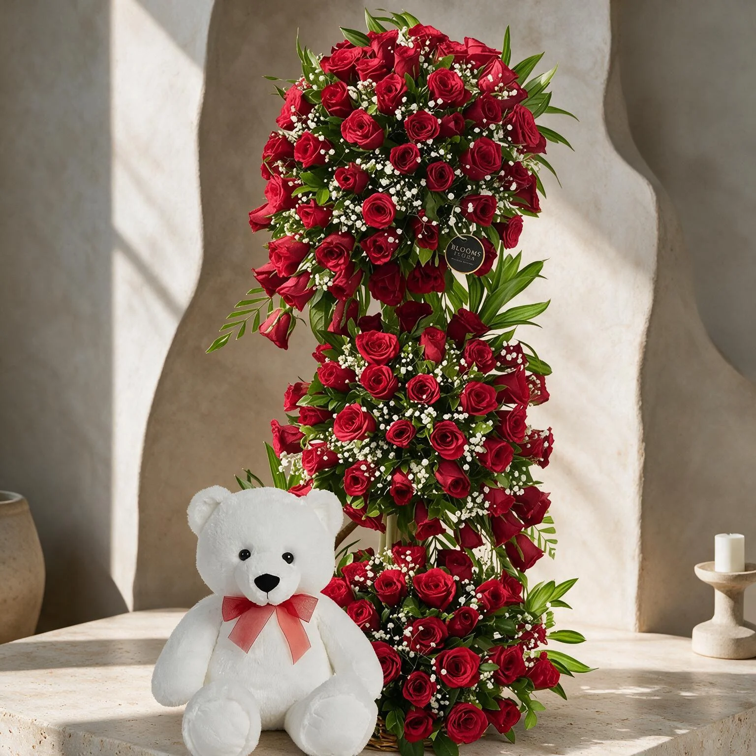 4 ft tall basket arrangement of 100 red roses with a white teddy bear
