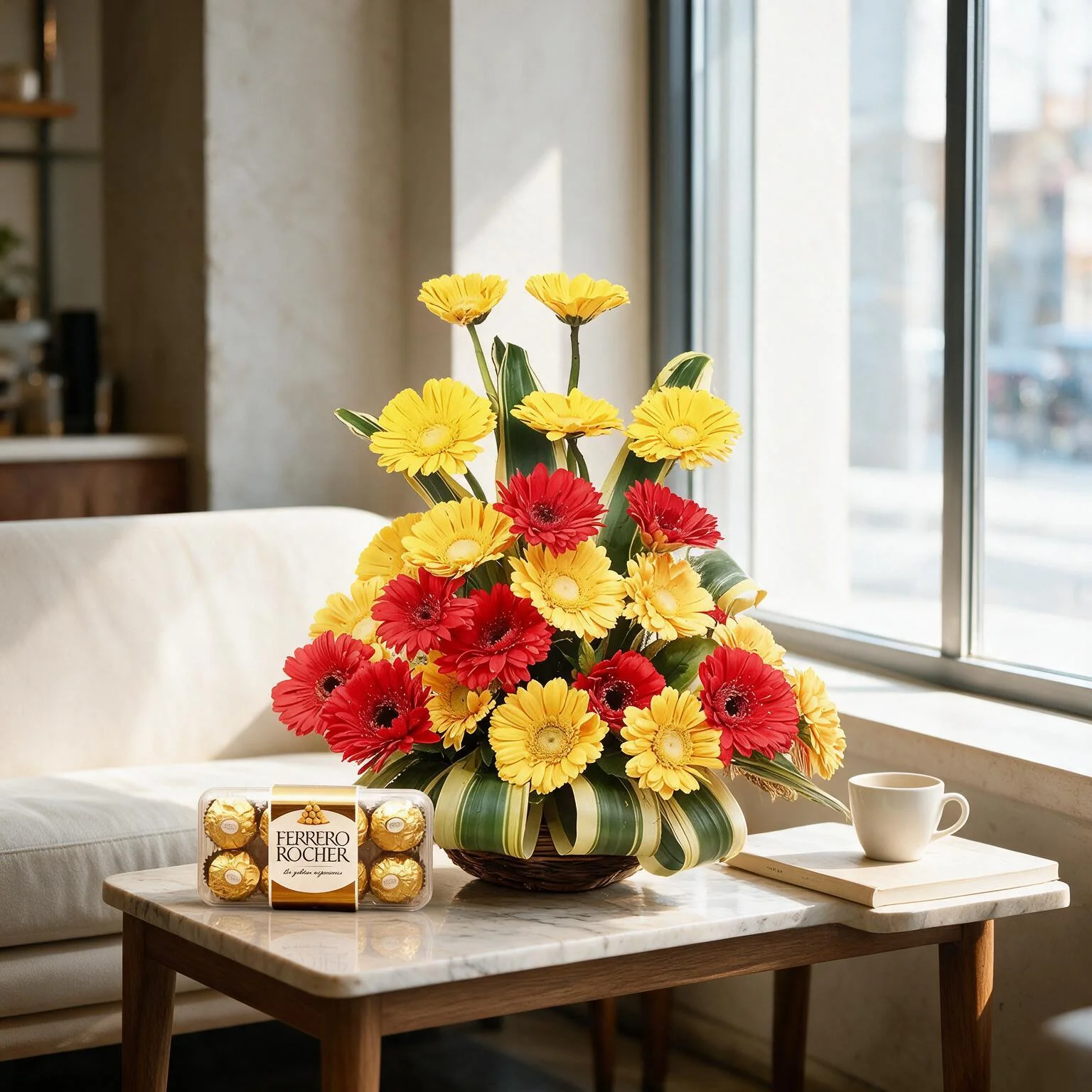 Red and yellow gerberas basket with chocolates