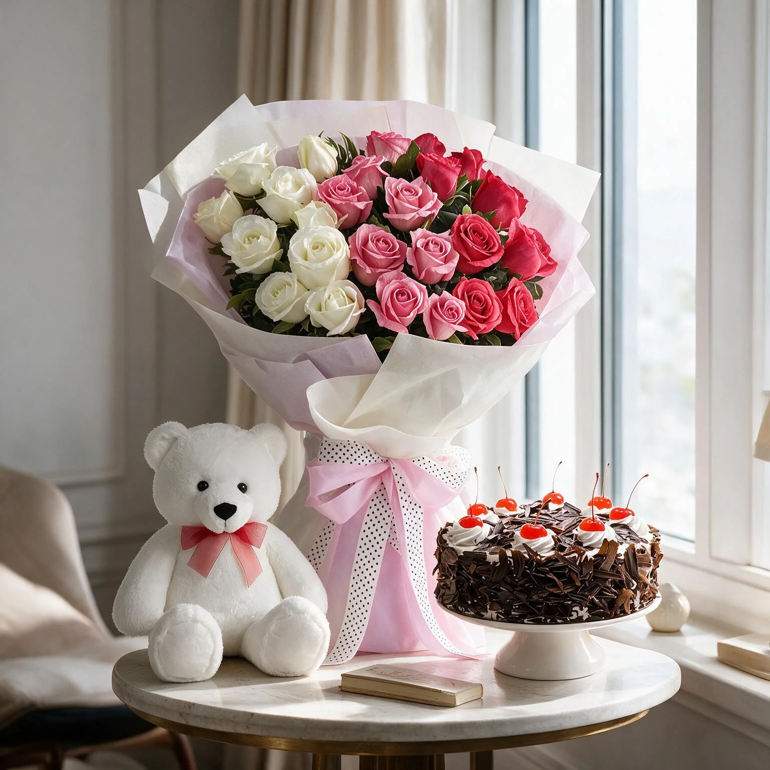 25 red, pink and white roses bouquet with teddy bear and half Kg black forest Cake
