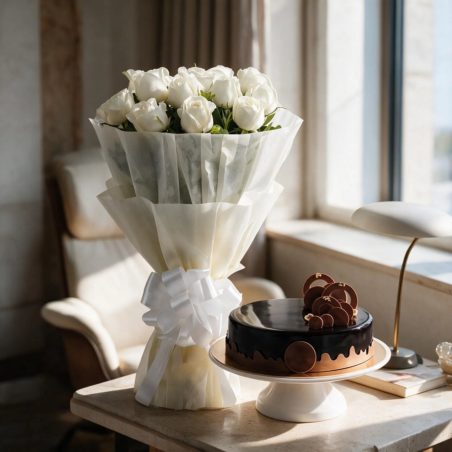 12 White Roses Bouquet with half kg chocolate cake