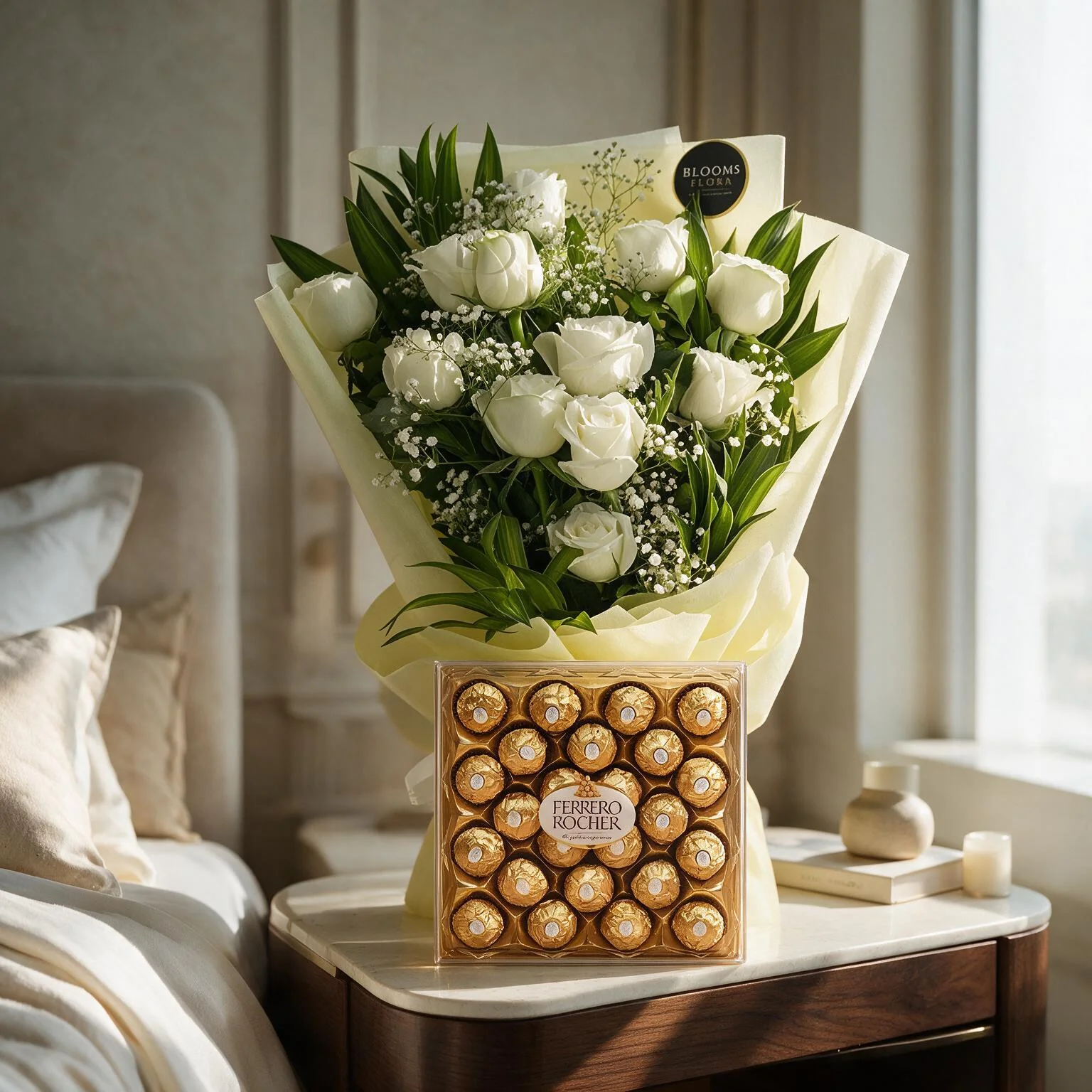 12 White Roses Bouquet with 24 Ferrero Rocher Chocolates