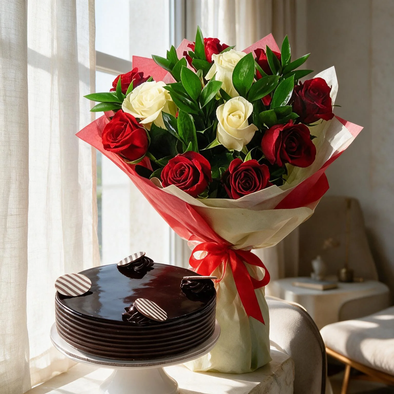 12 red and white roses bouquet with half kg chocolate cake