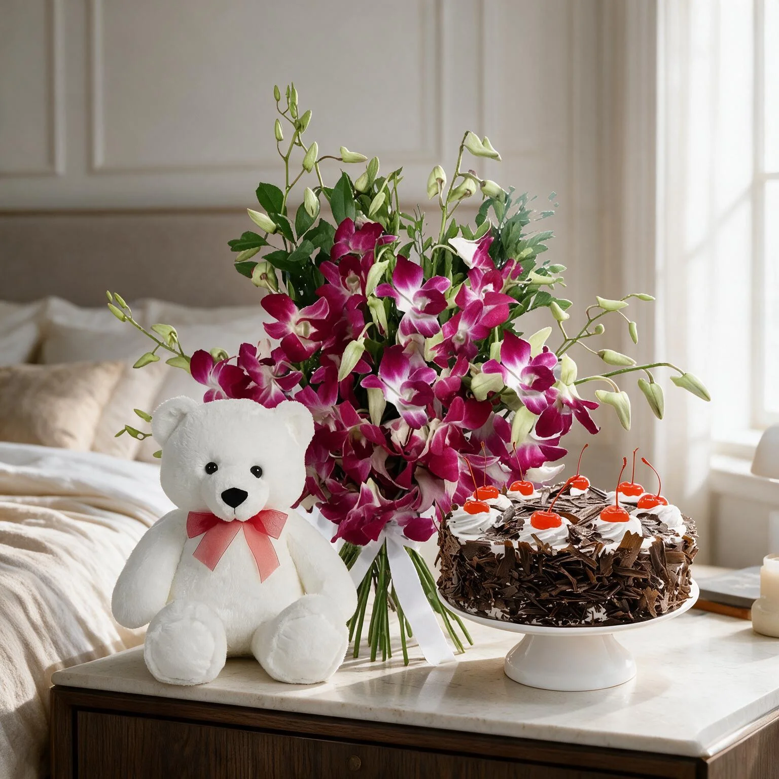 Orchids Bouquet With Cake & Teddy