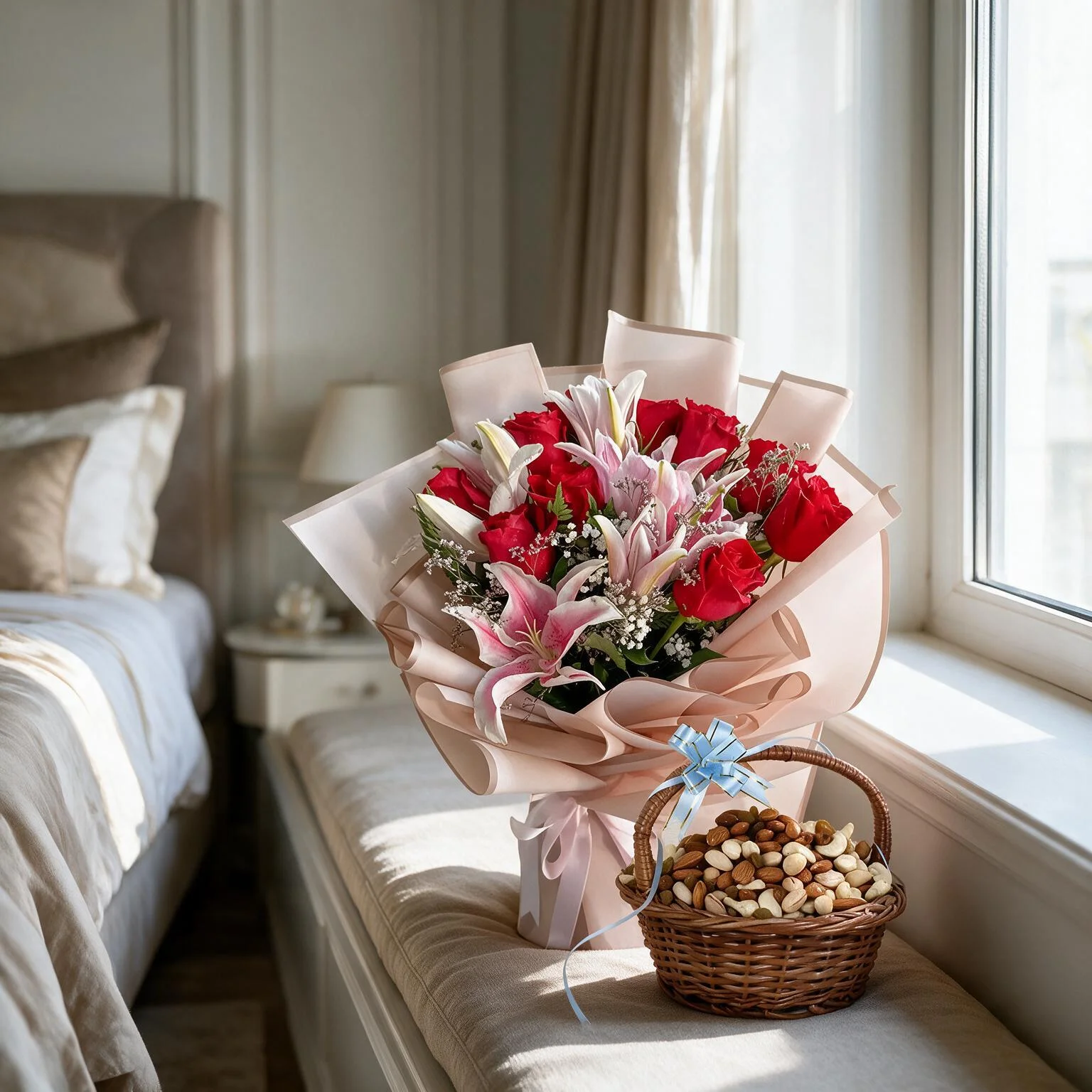 Mix flowers bouquet and Dry Fruits basket