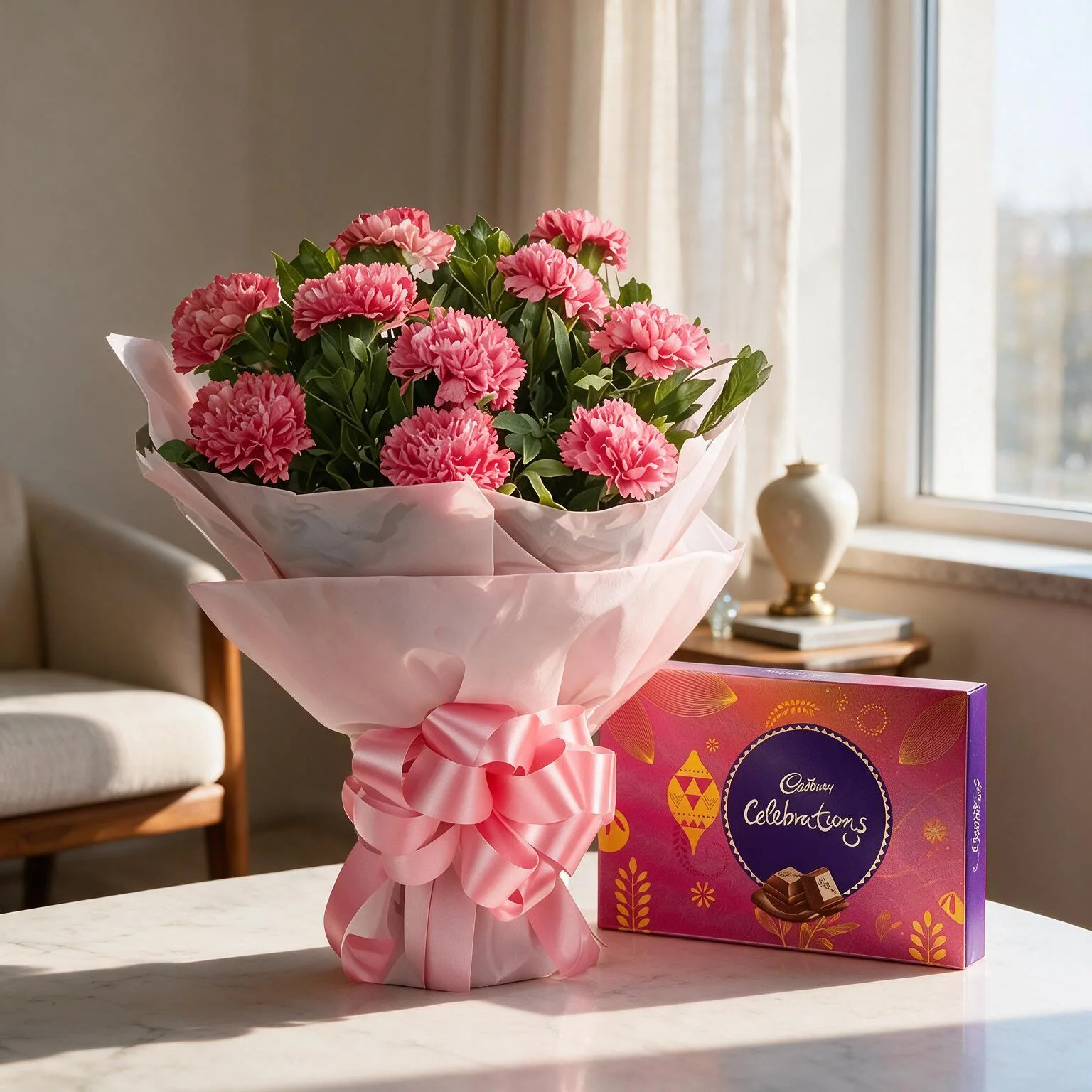 10 pink carnations bouquet with cadbury celebration box