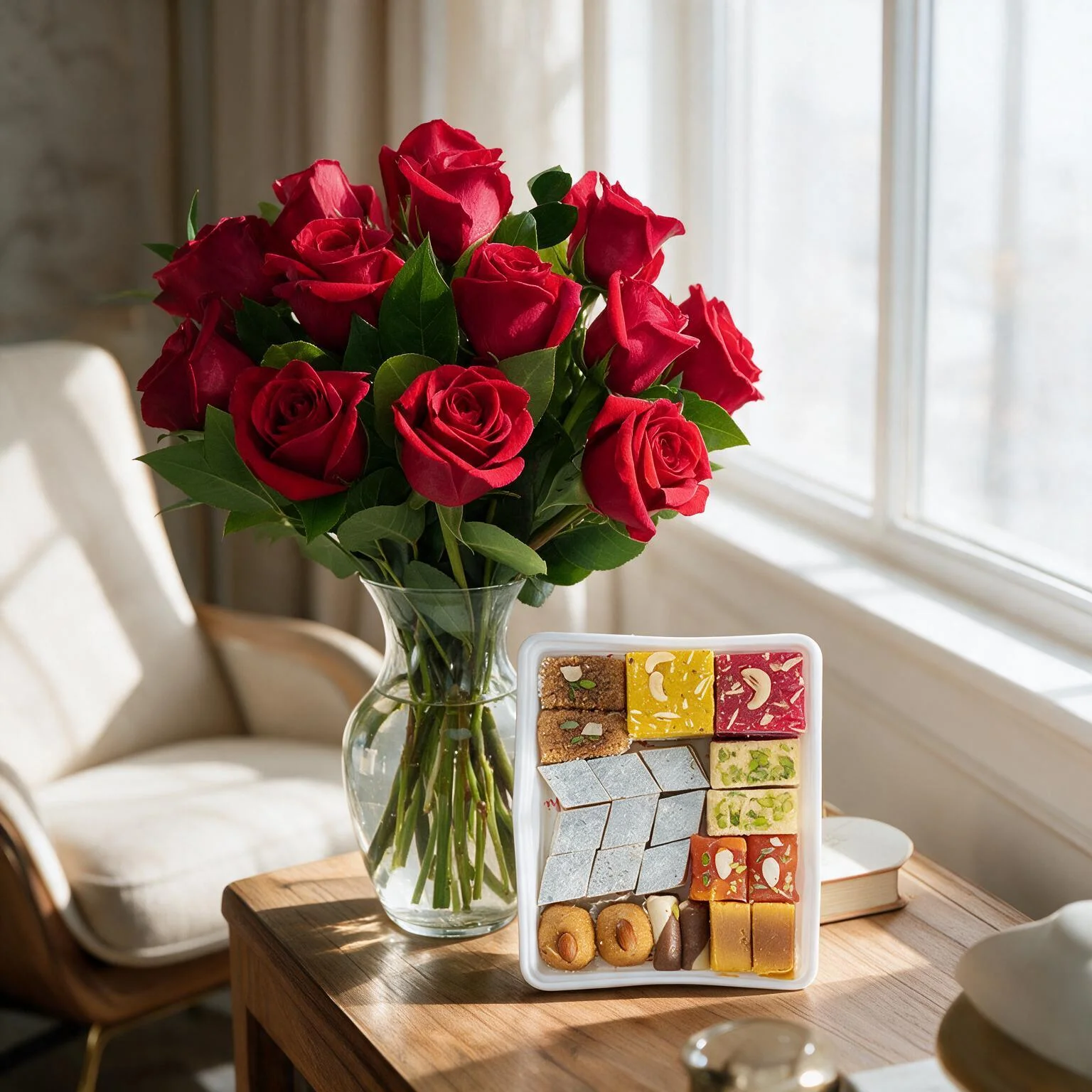 12 Red Roses in Vase with Half Kg Mix Mithai