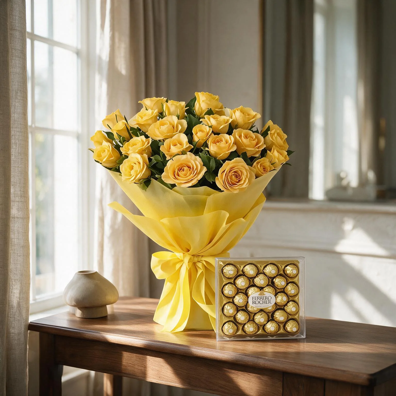 20 yellow roses in a yellow wrap and Ferrero Rocher