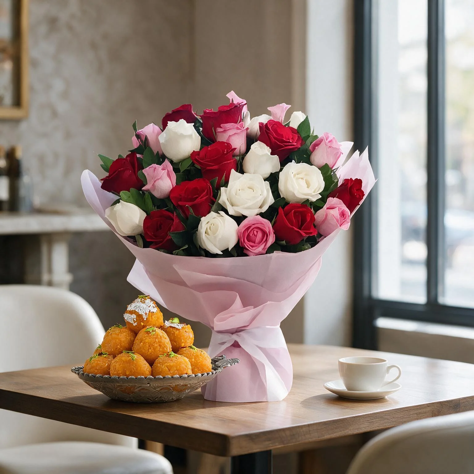 Mixed Roses Bouquet & Motichur Laddu