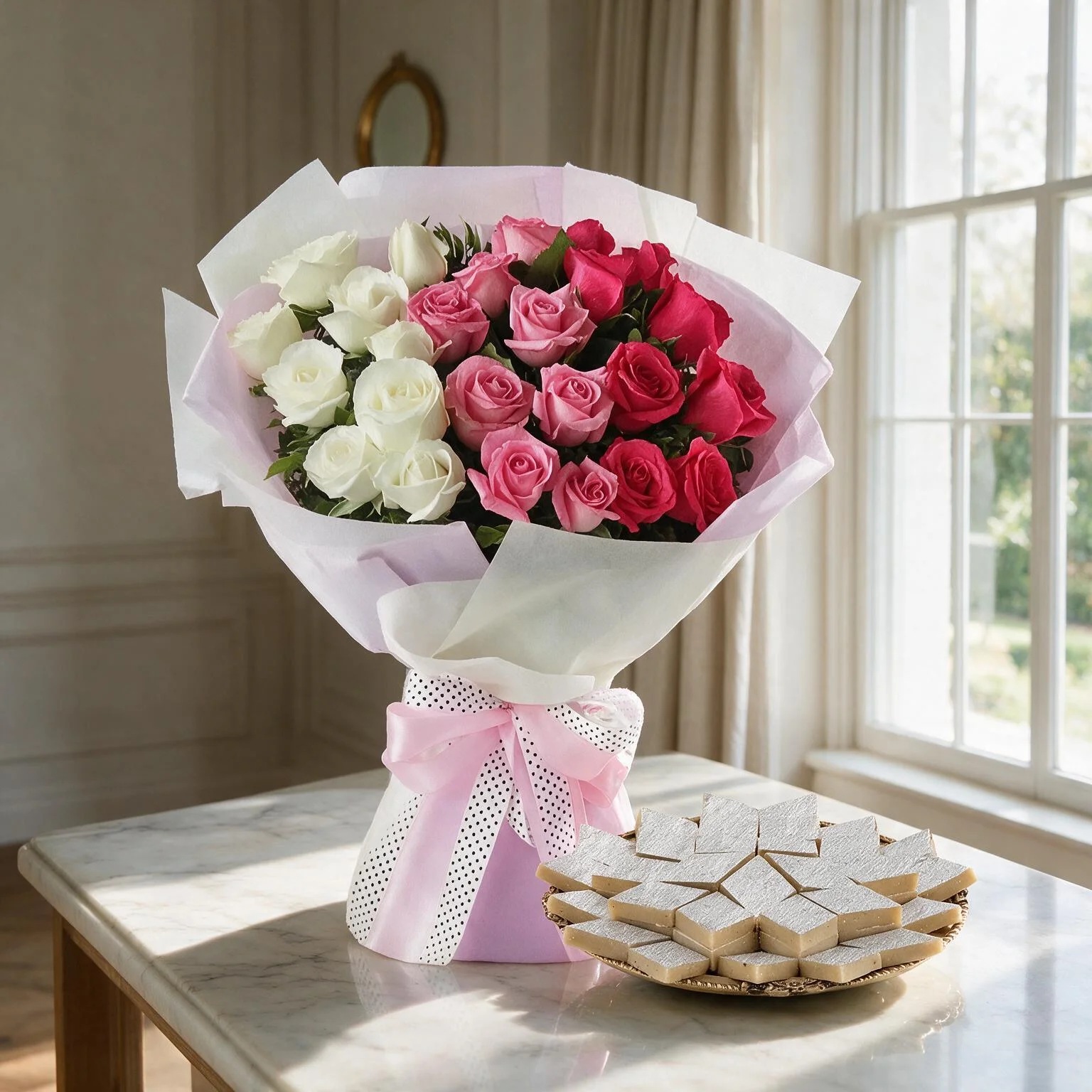 Roses Bouquet with Kaju Katli