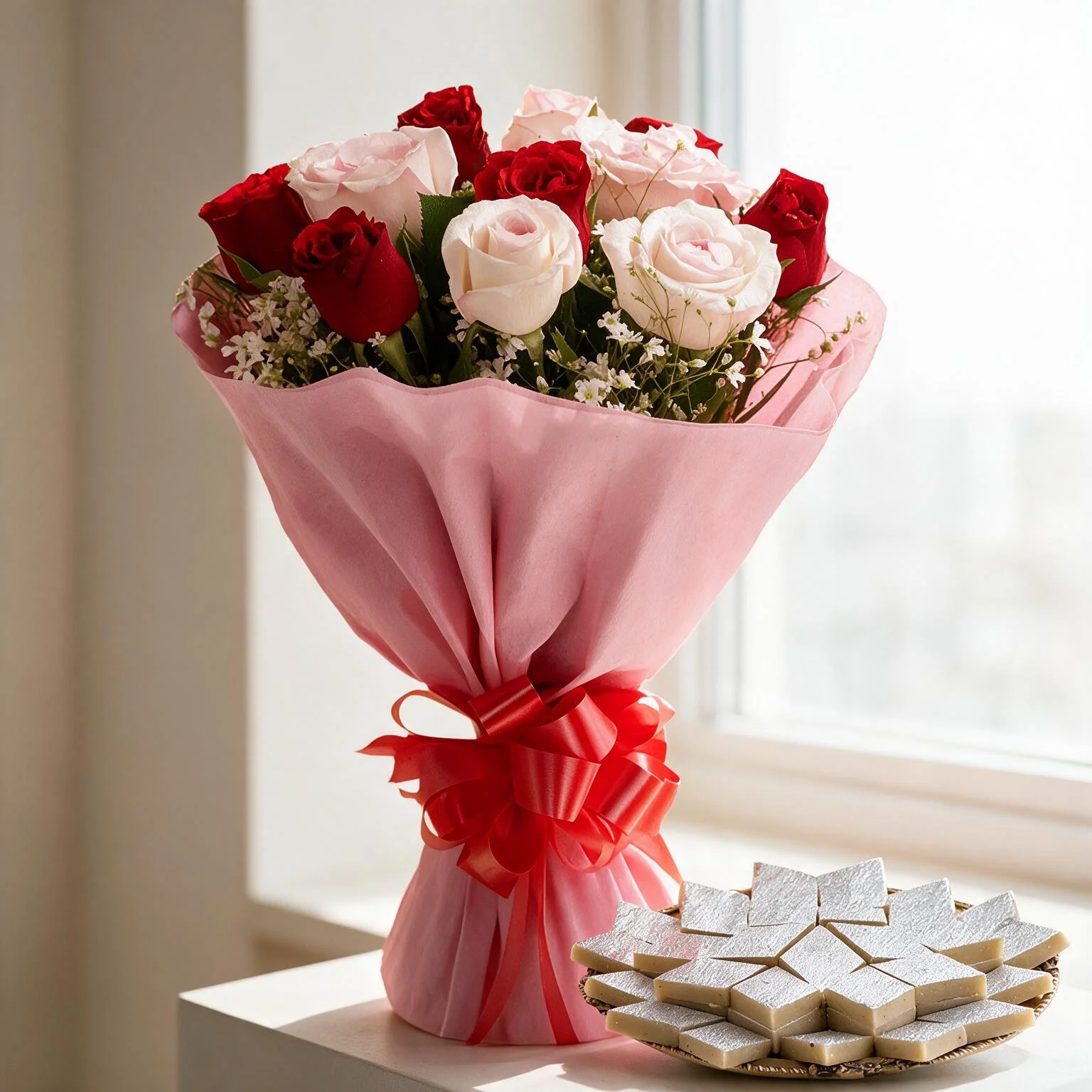 Roses Bouquet with Kaju Katli