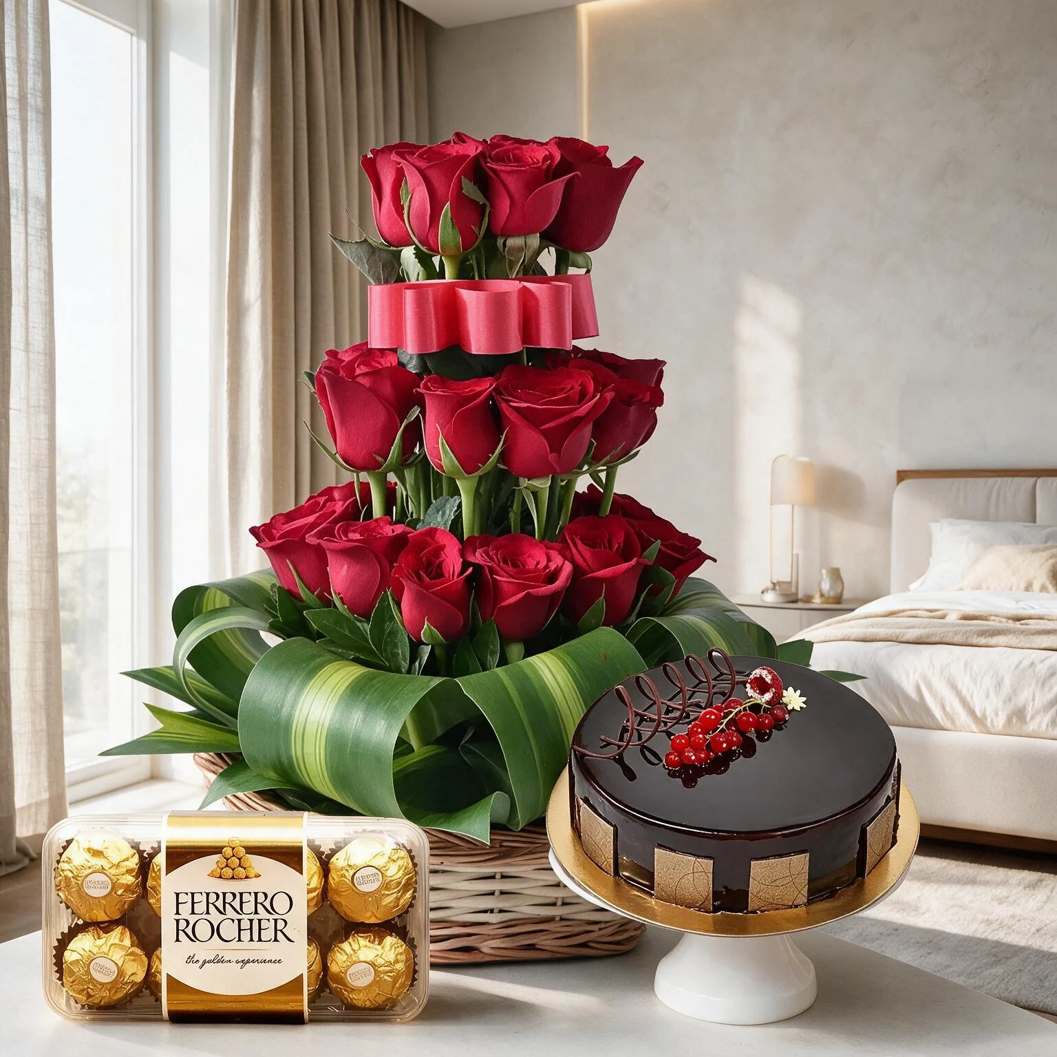 Red Roses in a Basket, Cake & Chocolate