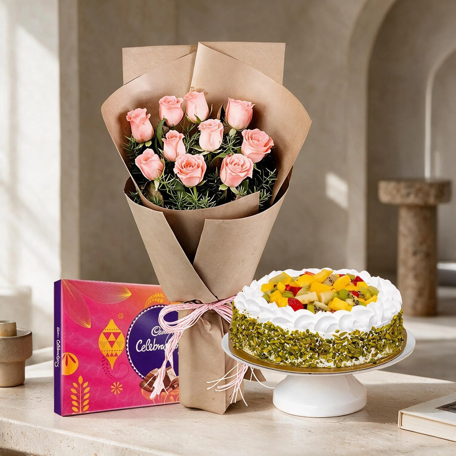 Bouquet of Pink Roses, Cake & Chocolates